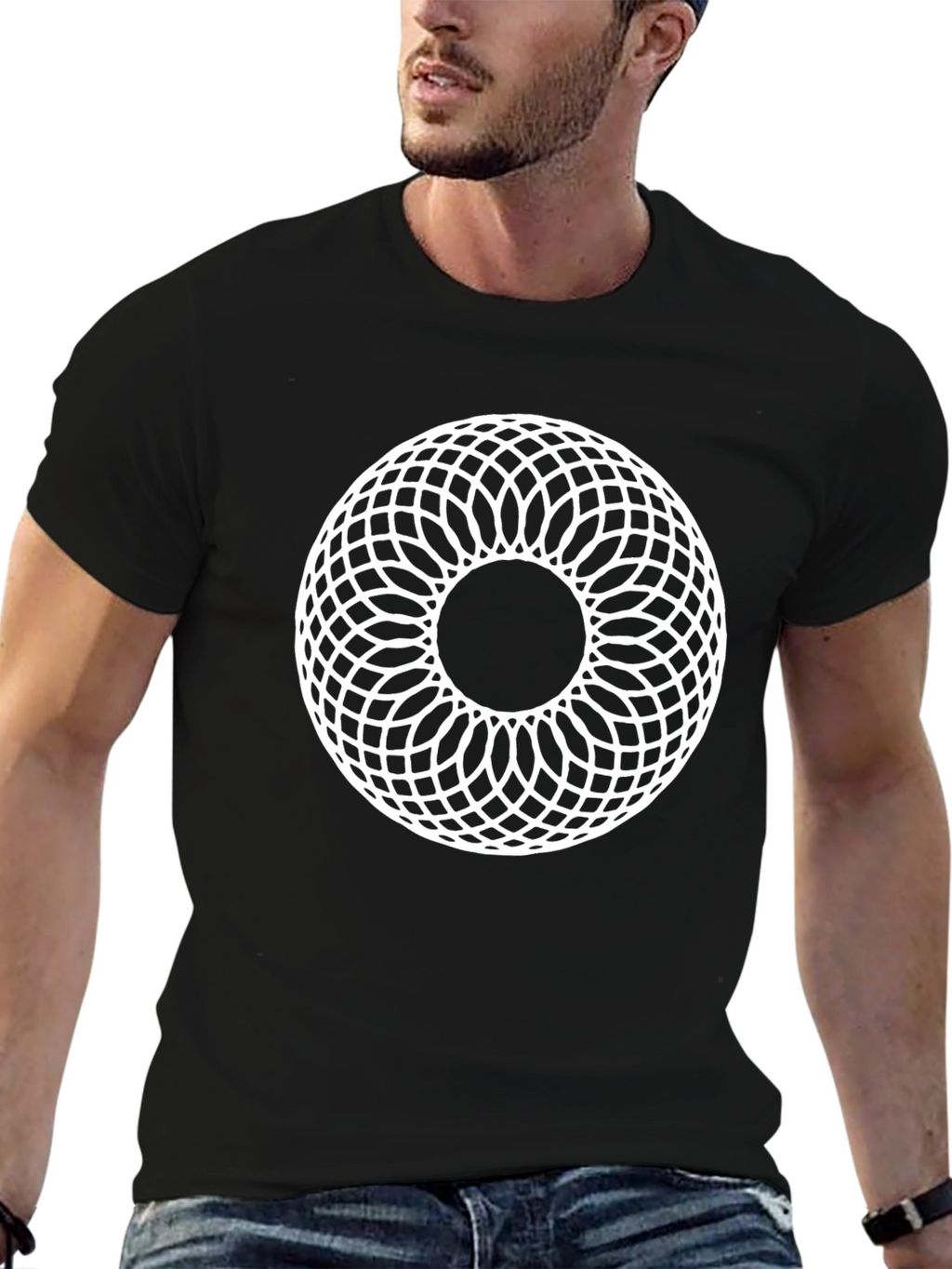 Geometric Circle Pattern Black T-Shirt