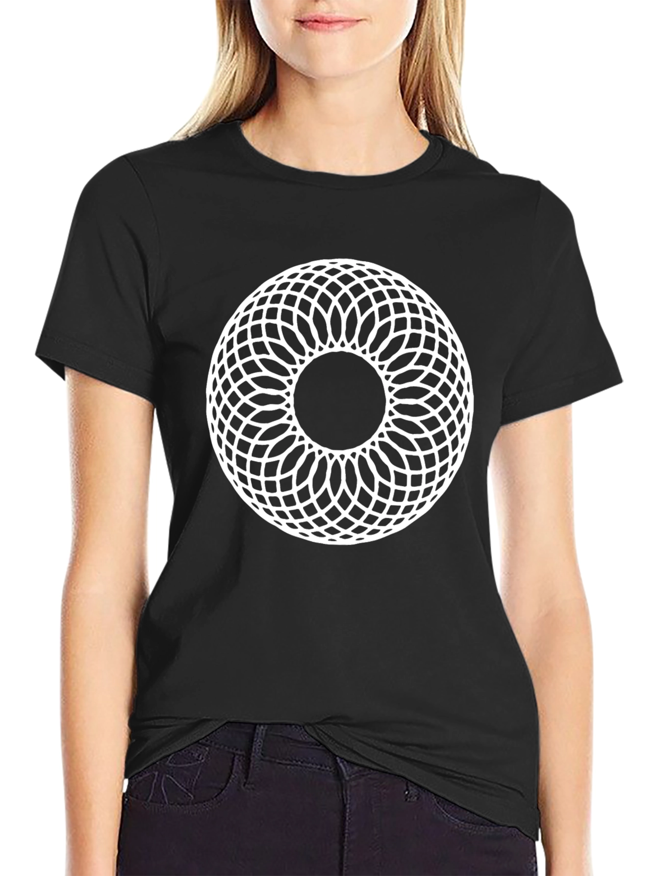 Geometric Circle Pattern Black T-Shirt