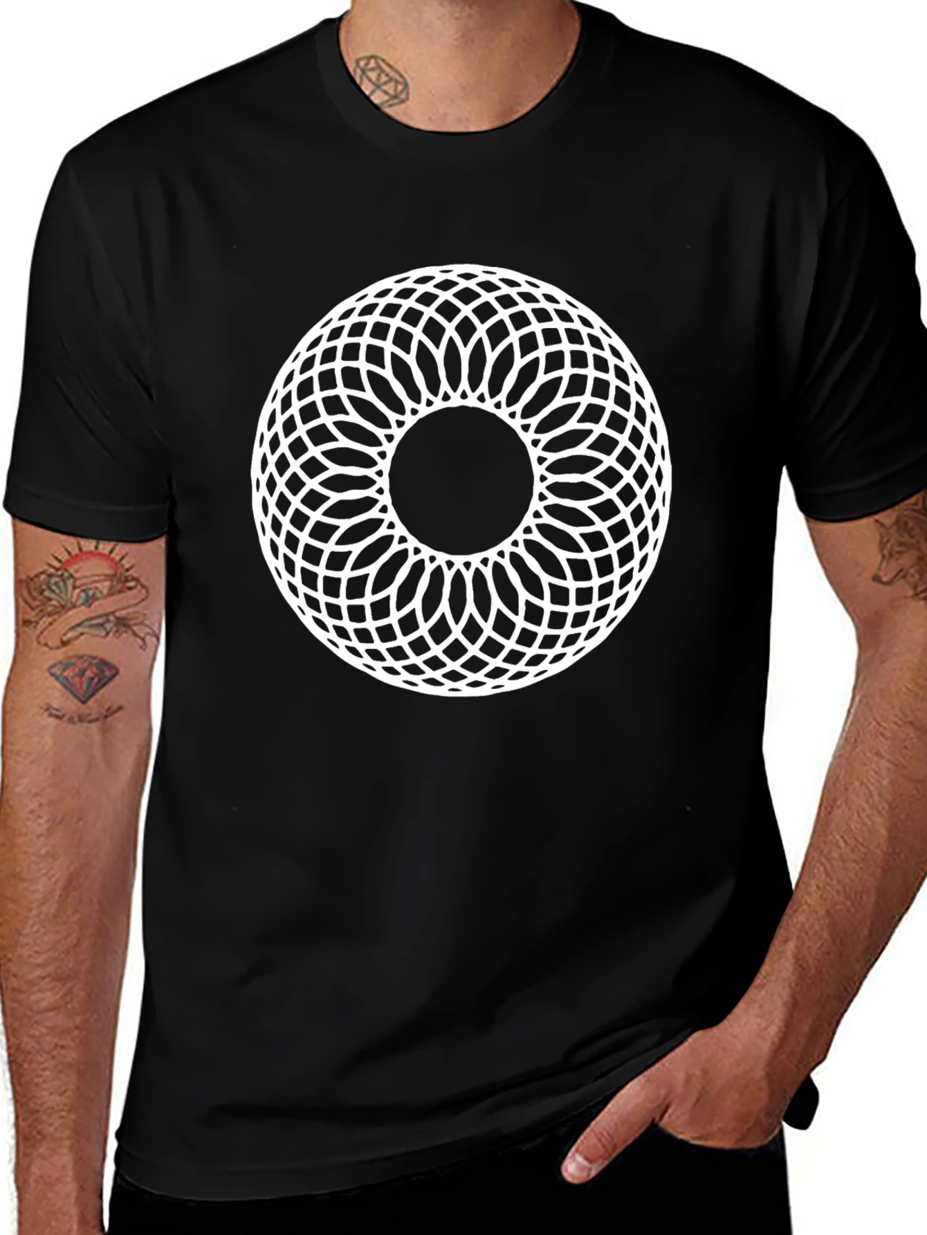 Geometric Circle Pattern Black T-Shirt