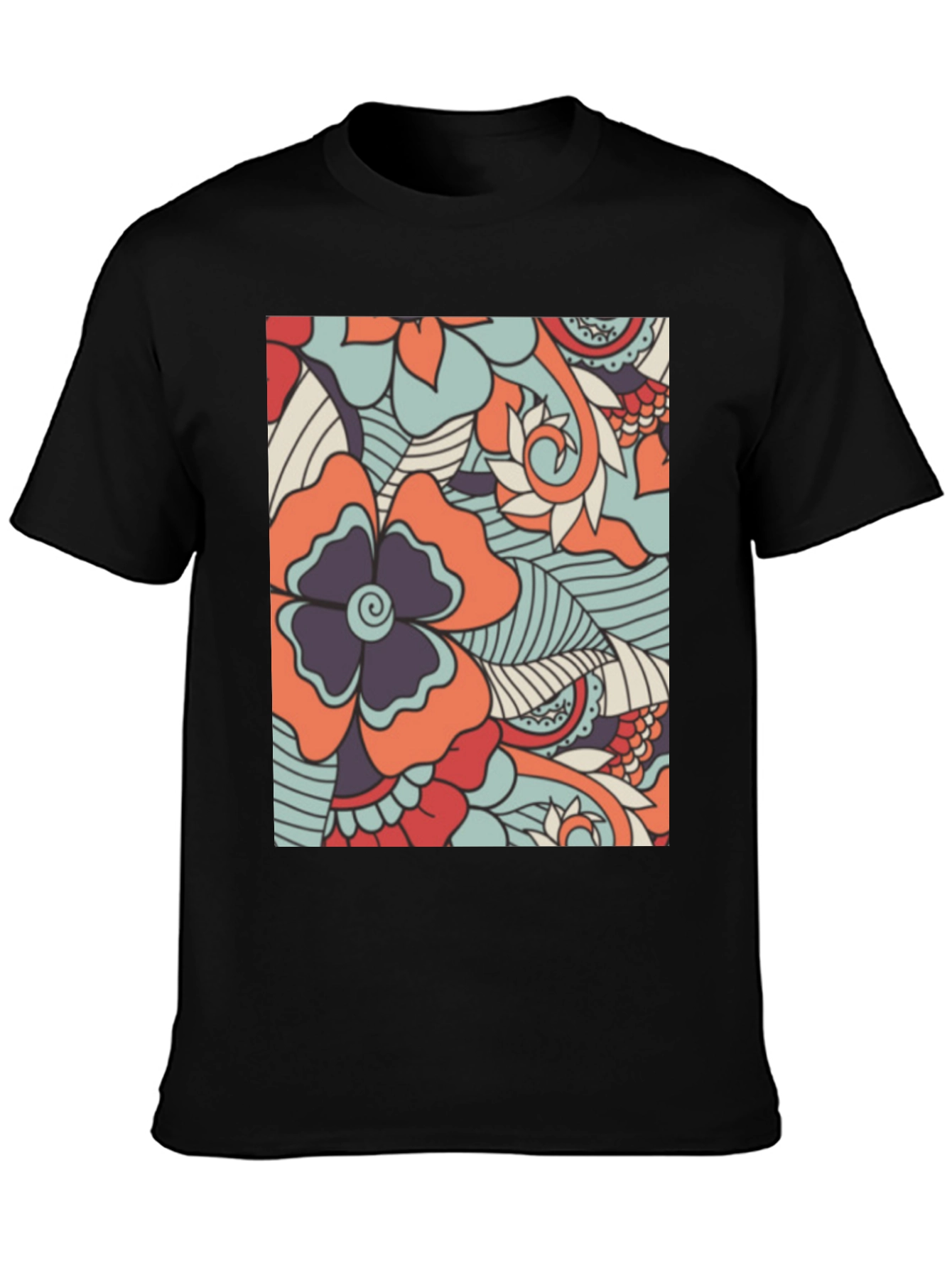 Floral Pattern Mens Black T-Shirt