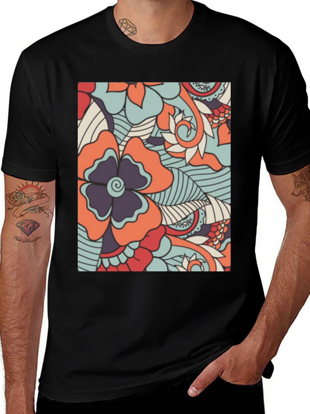Floral Pattern Mens Black T-Shirt