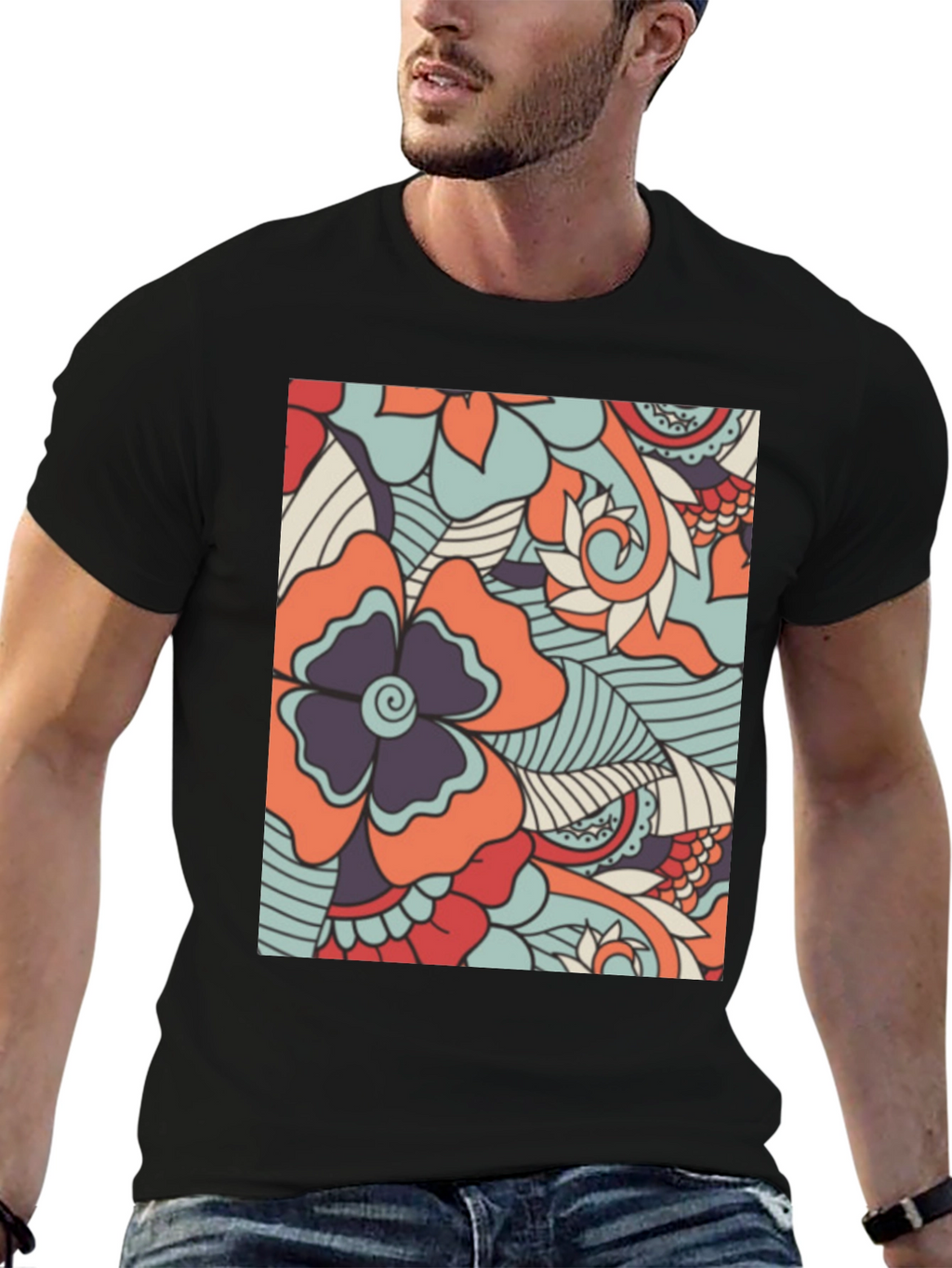 Floral Pattern Mens Black T-Shirt