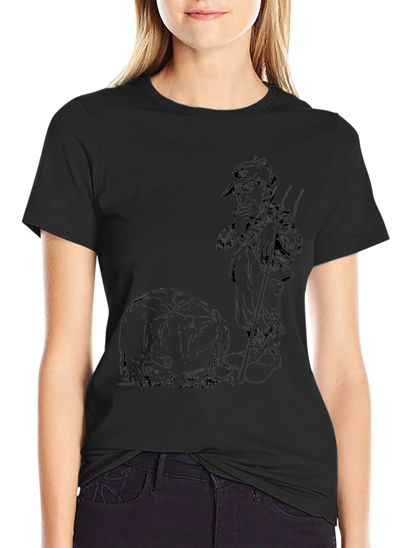Black Graphic Tee - Fisherman & Fish Design