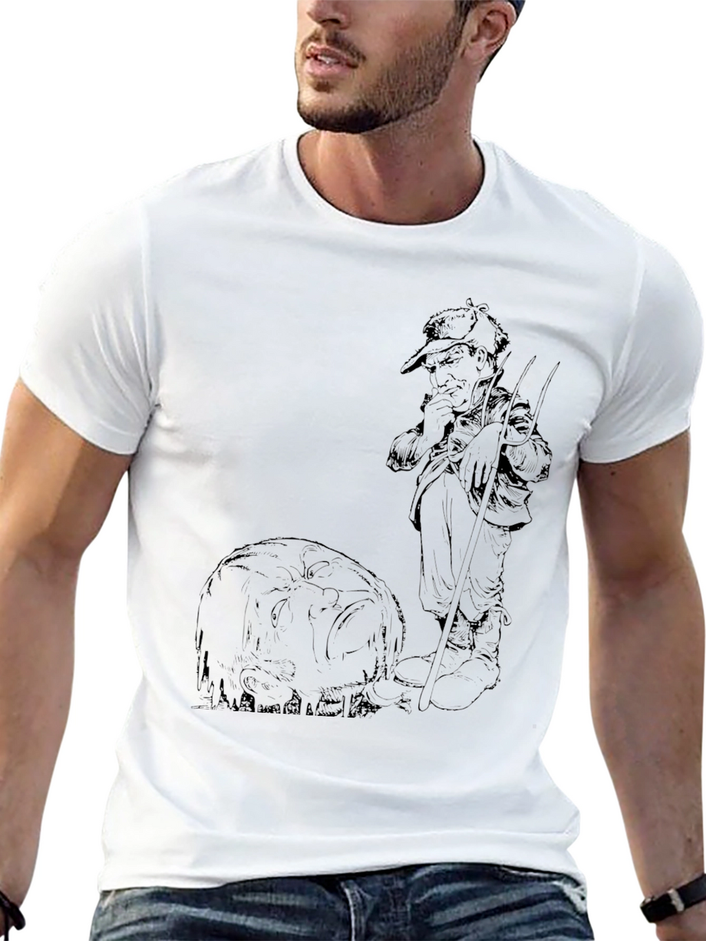 Black Graphic Tee - Fisherman & Fish Design