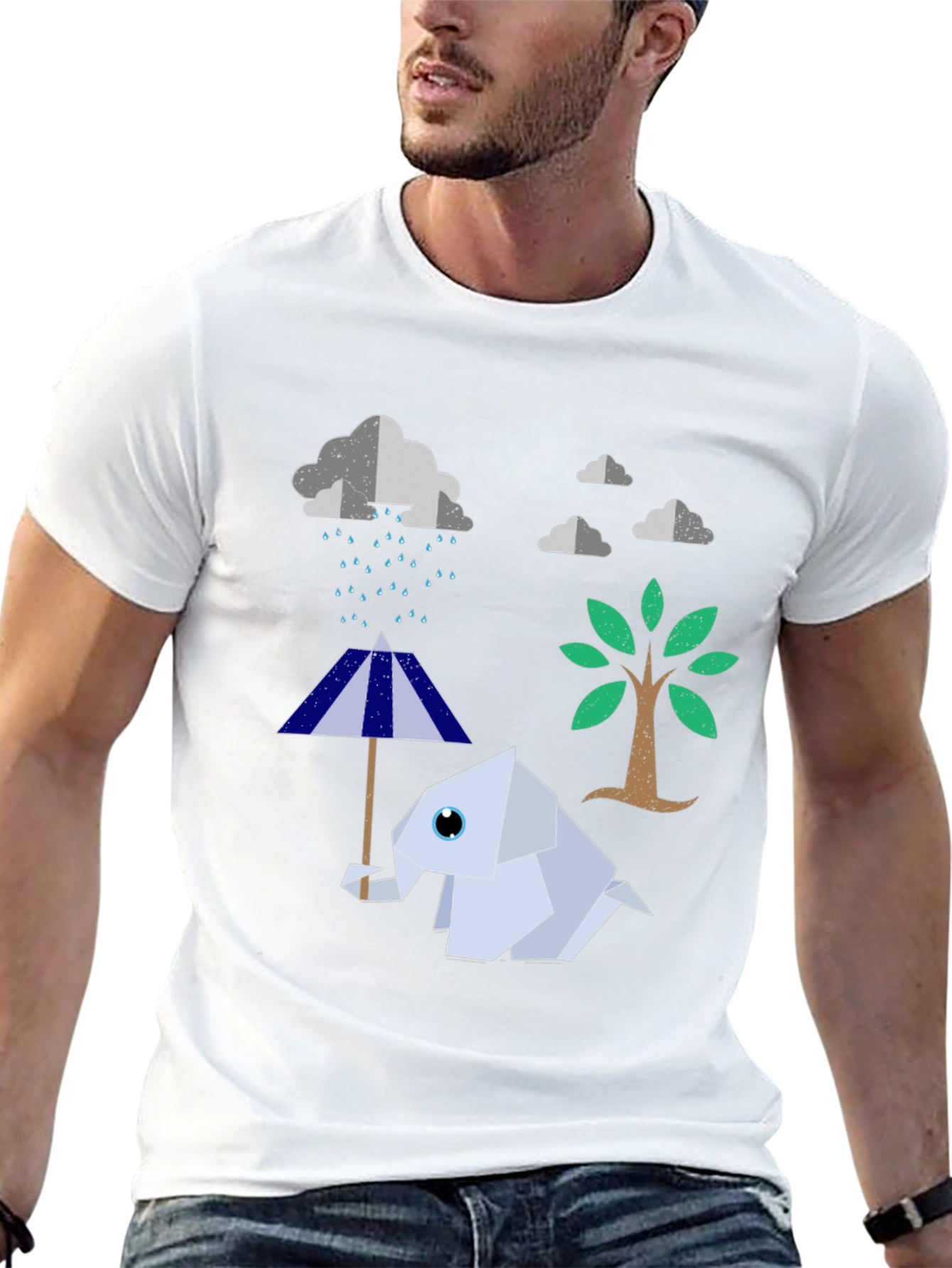 Origami Elephant Under Rainy Cloud T-Shirt