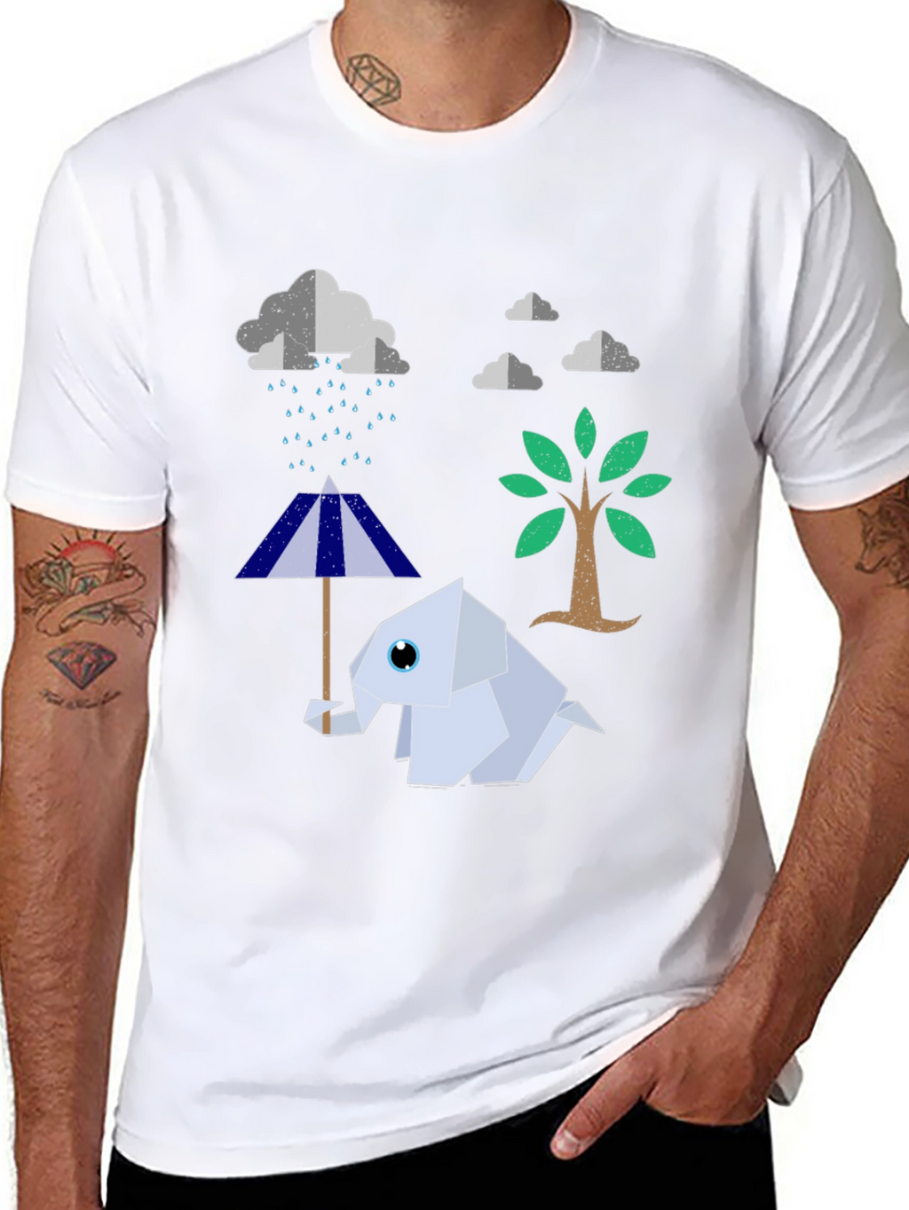 Origami Elephant Under Rainy Cloud T-Shirt