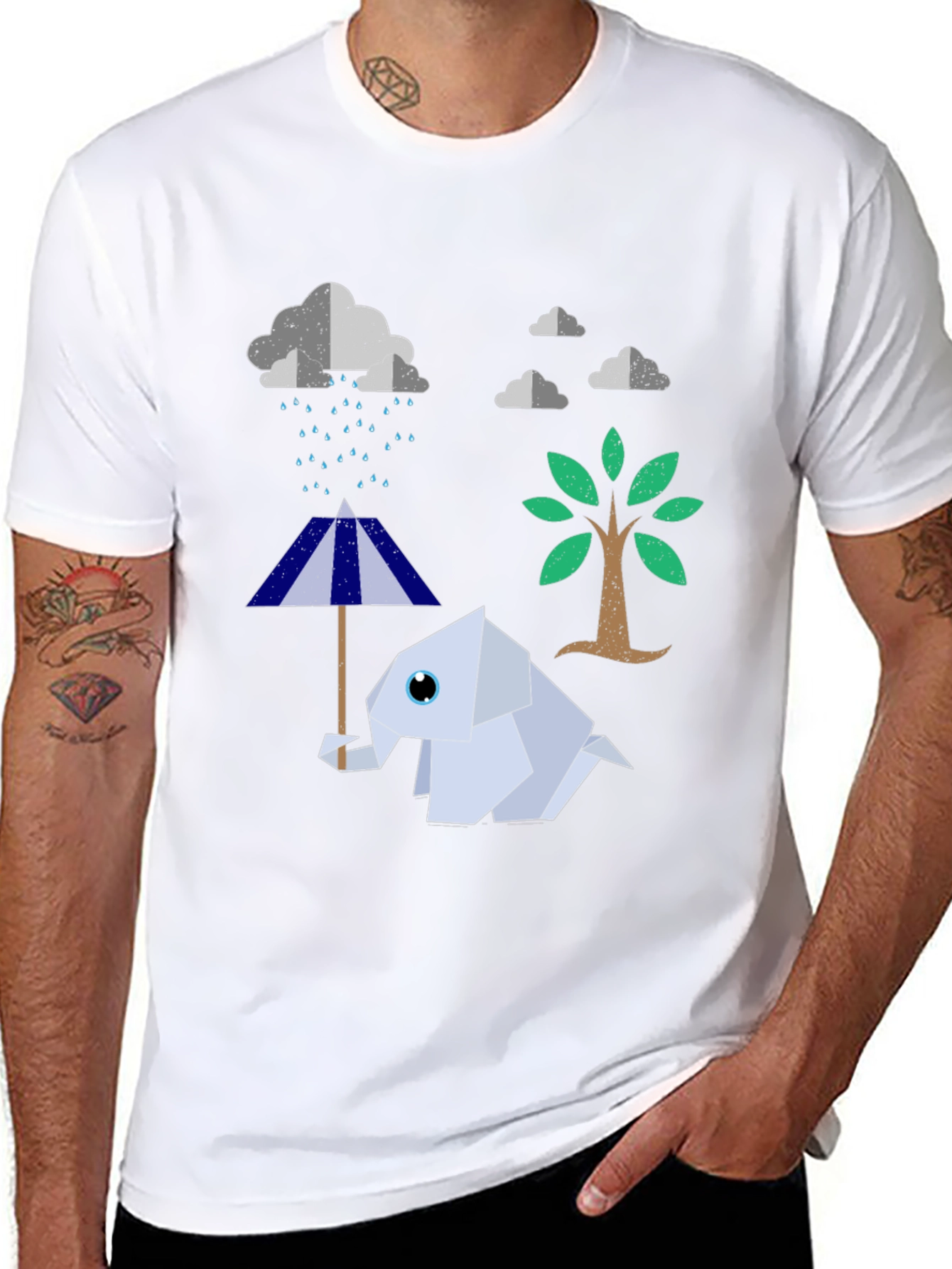 Origami Elephant Under Rainy Cloud T-Shirt