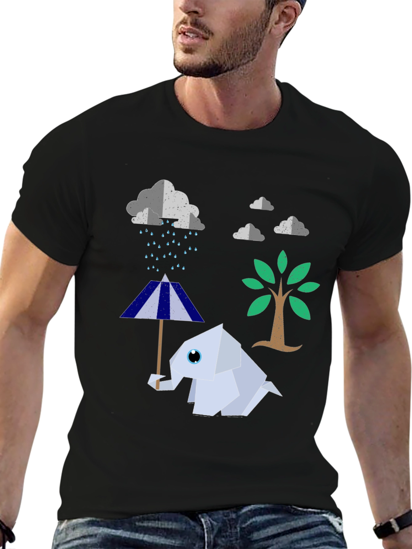 Origami Elephant Under Rainy Cloud T-Shirt