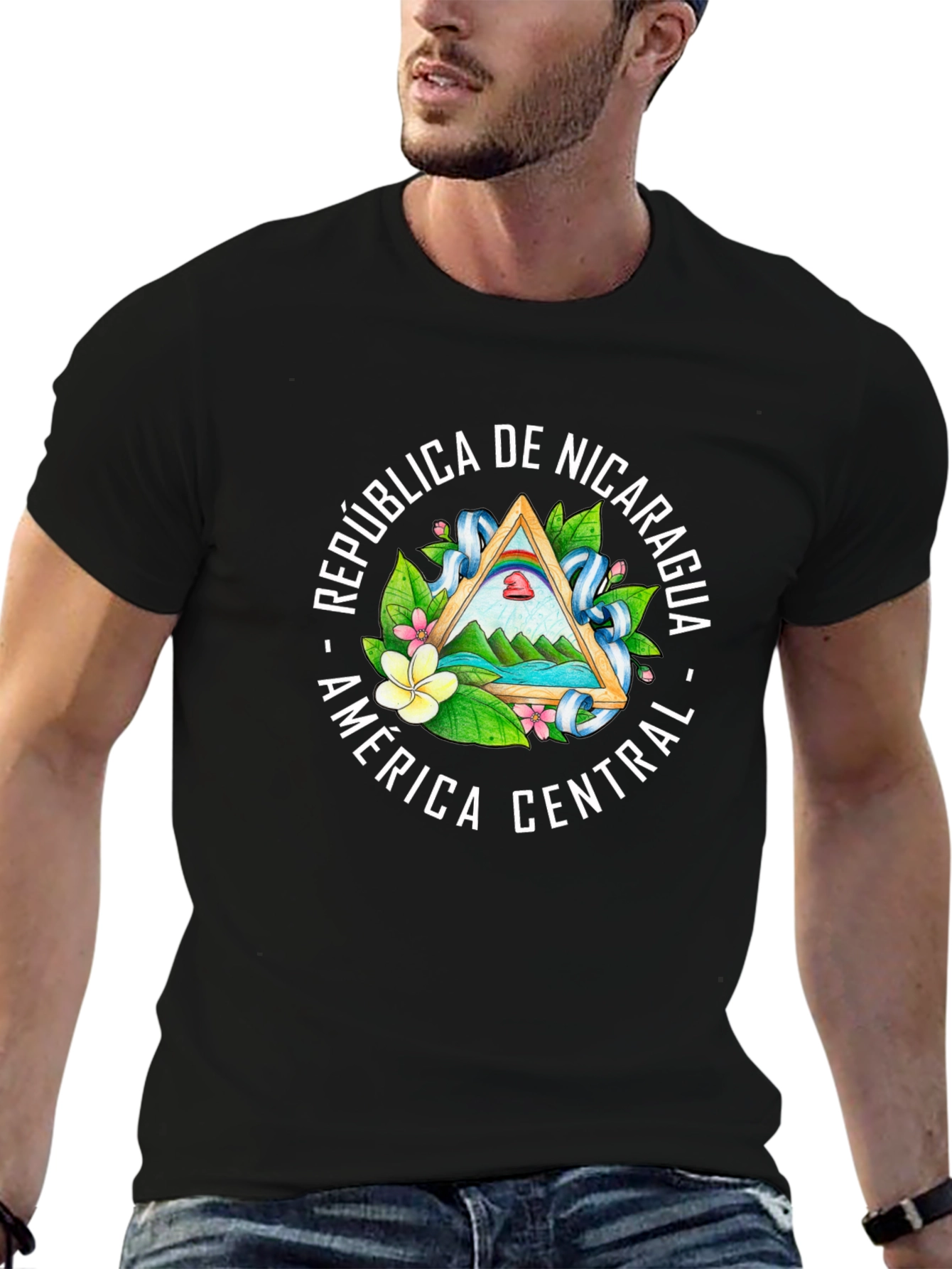 Nicaragua Flag Emblem Black T-Shirt