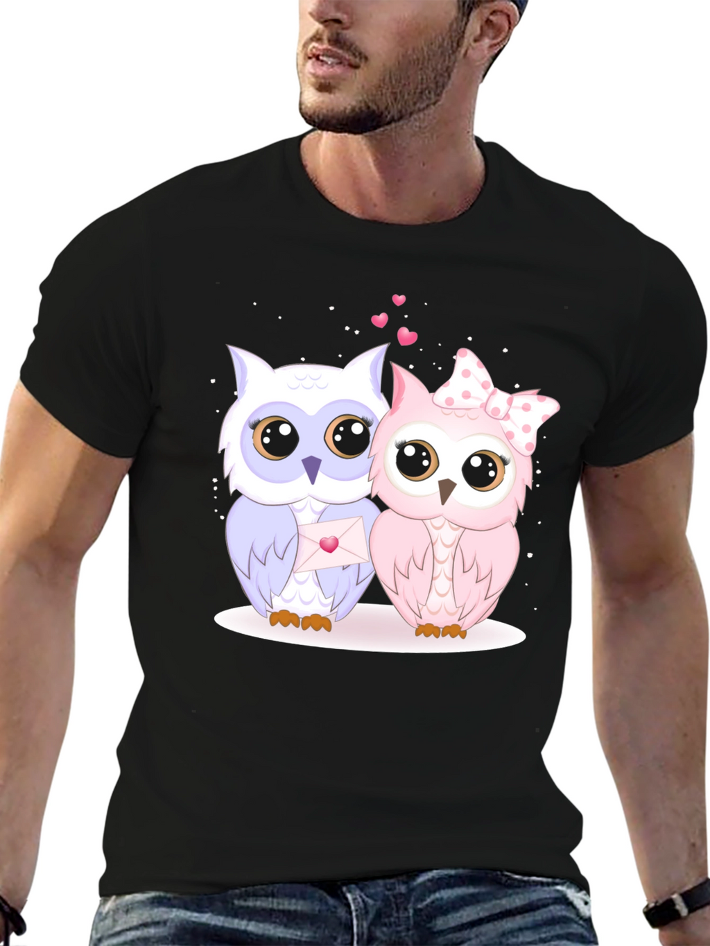 Cute Owl Couple Graphic Tee - Black