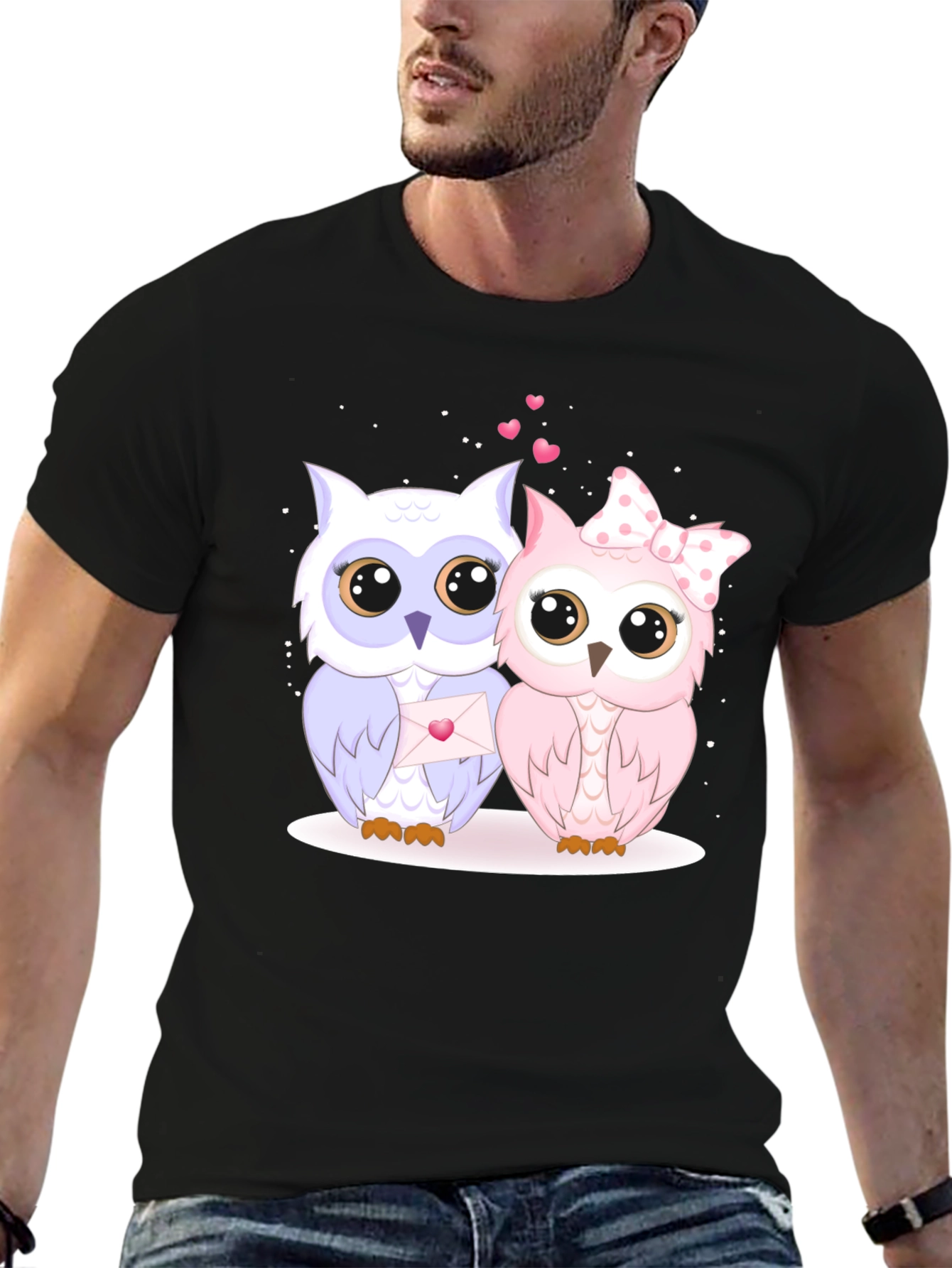 Cute Owl Couple Graphic Tee - Black