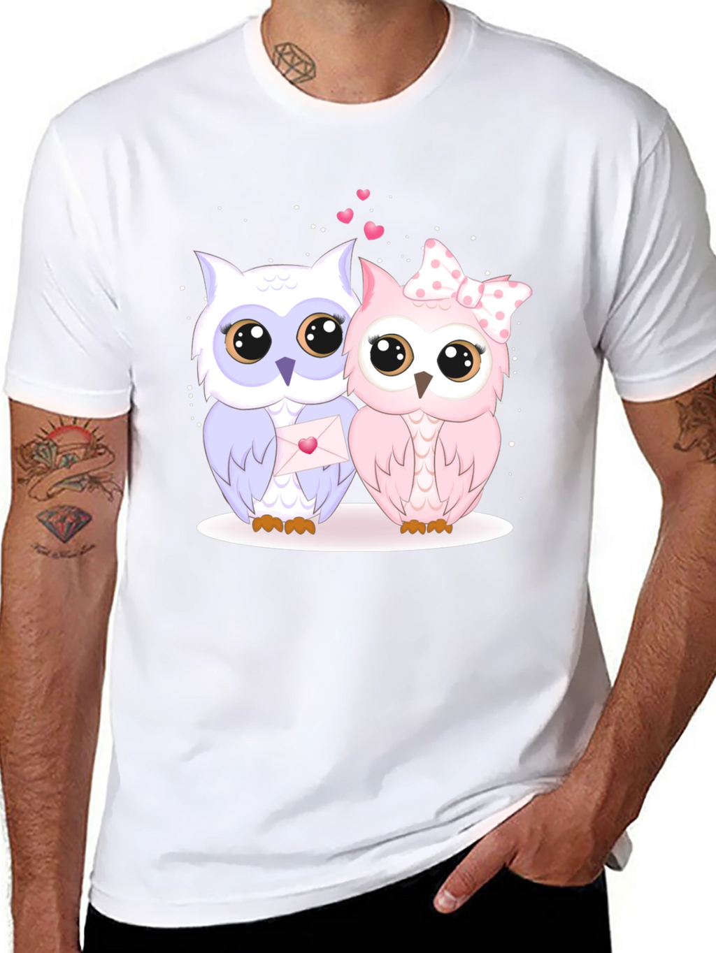 Cute Owl Couple Graphic Tee - Black
