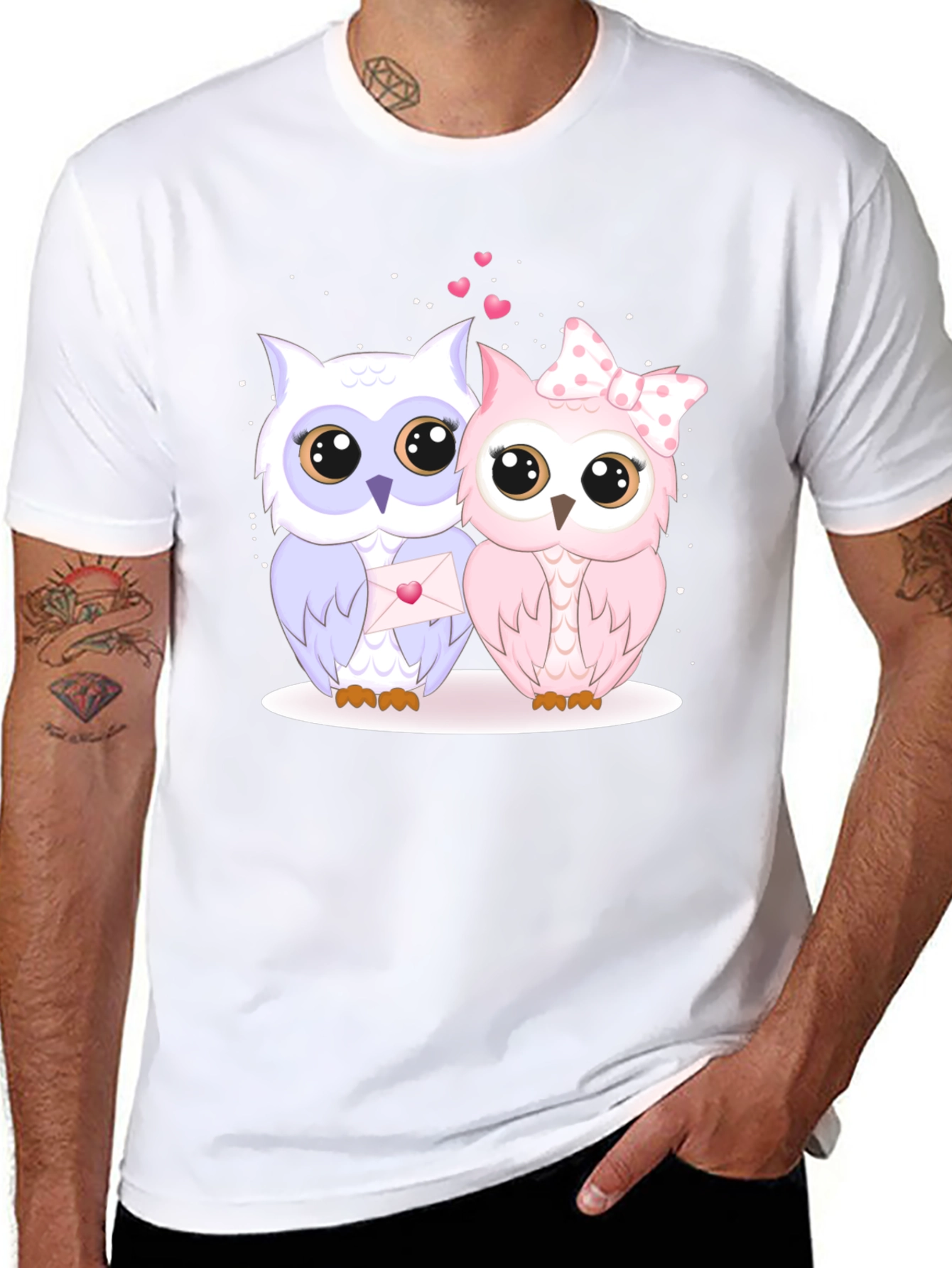 Cute Owl Couple Graphic Tee - Black