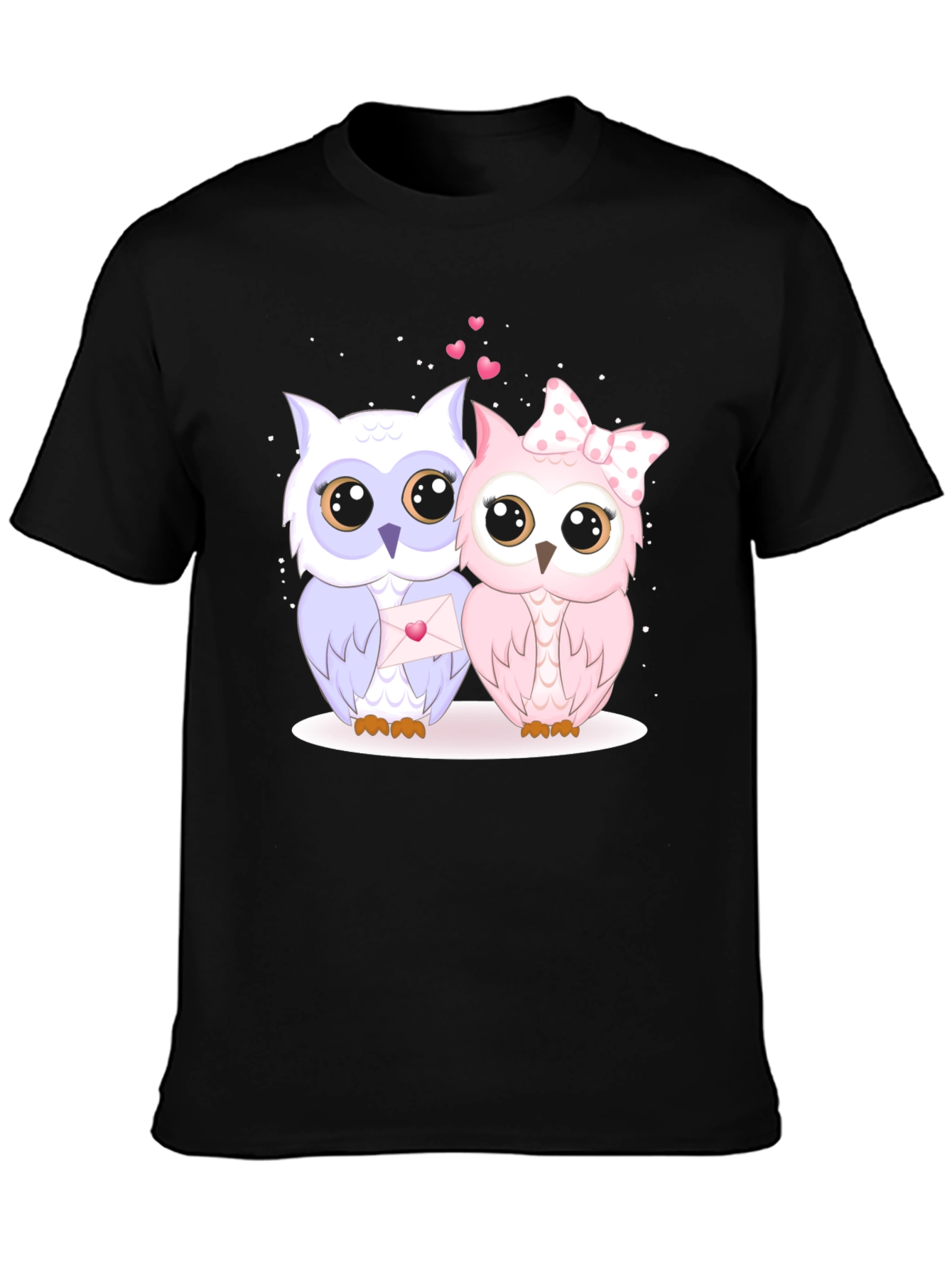 Cute Owl Couple Graphic Tee - Black