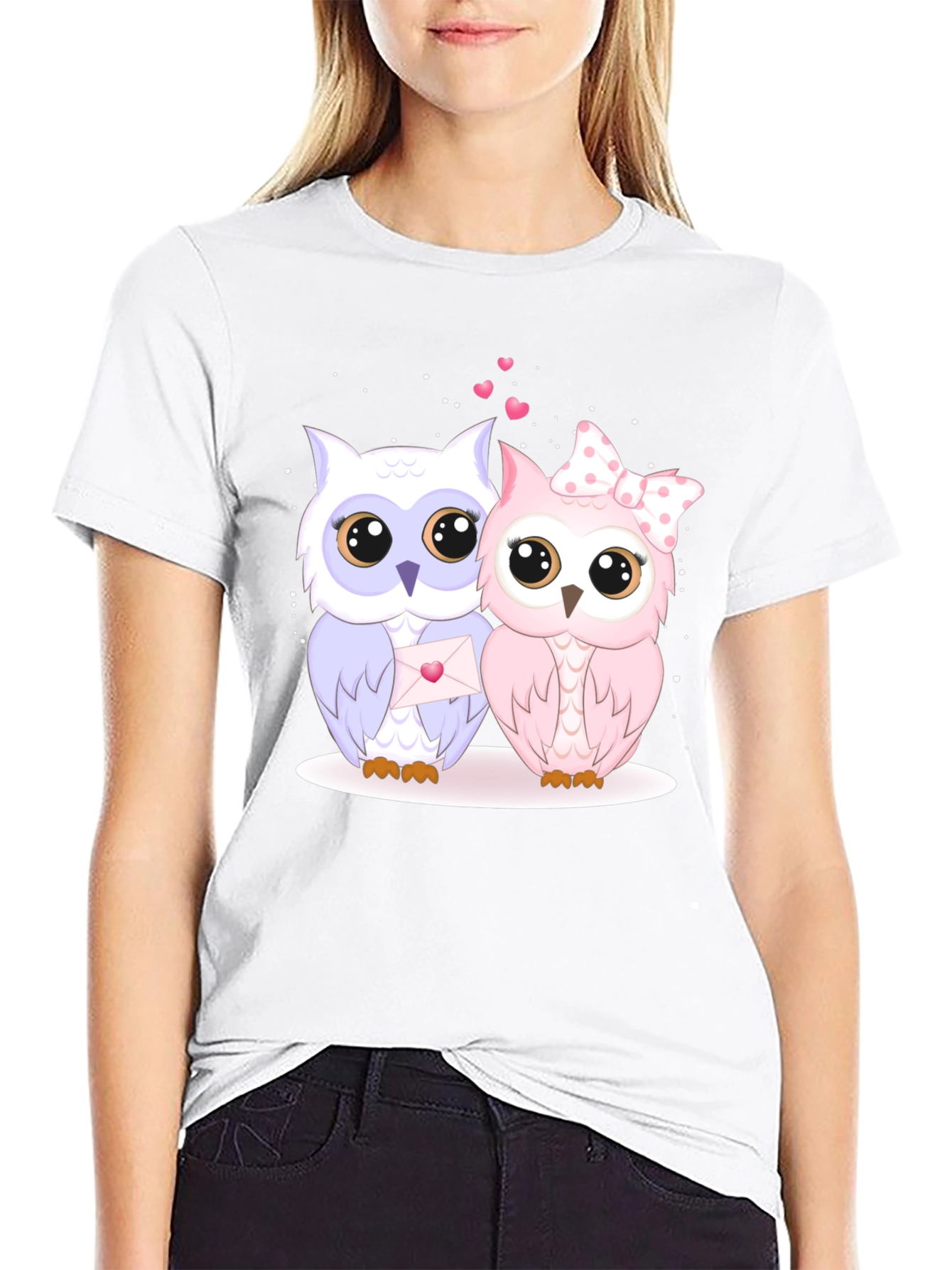 Cute Owl Couple Graphic Tee - Black