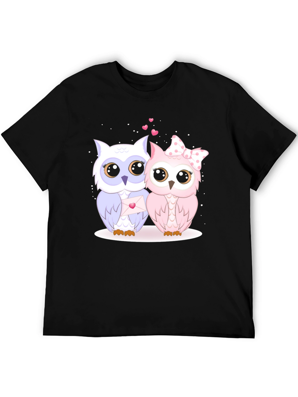 Cute Owl Couple Graphic Tee - Black