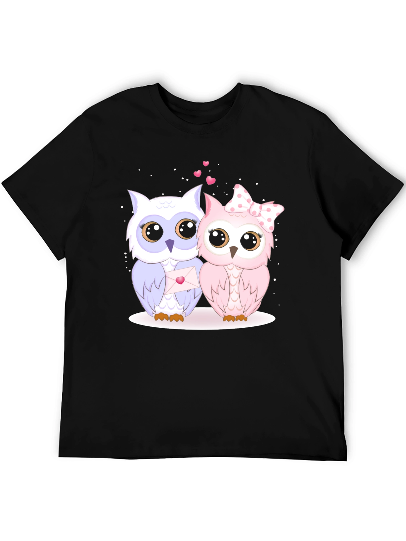 Cute Owl Couple Graphic Tee - Black