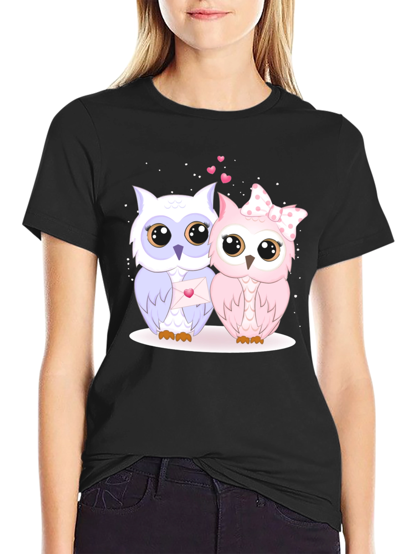 Cute Owl Couple Graphic Tee - Black