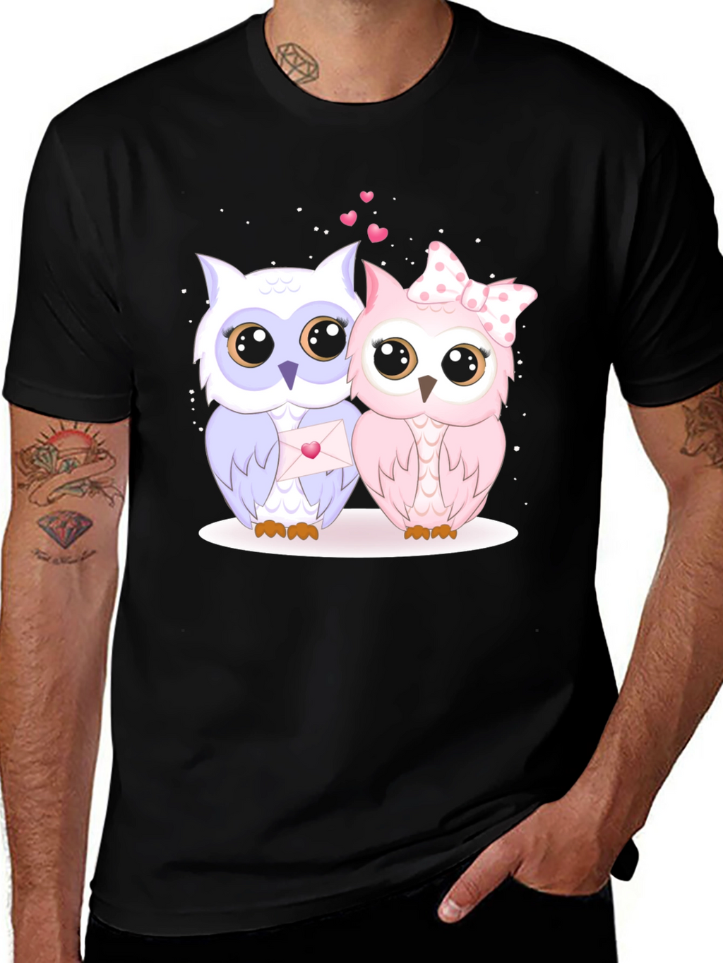 Cute Owl Couple Graphic Tee - Black