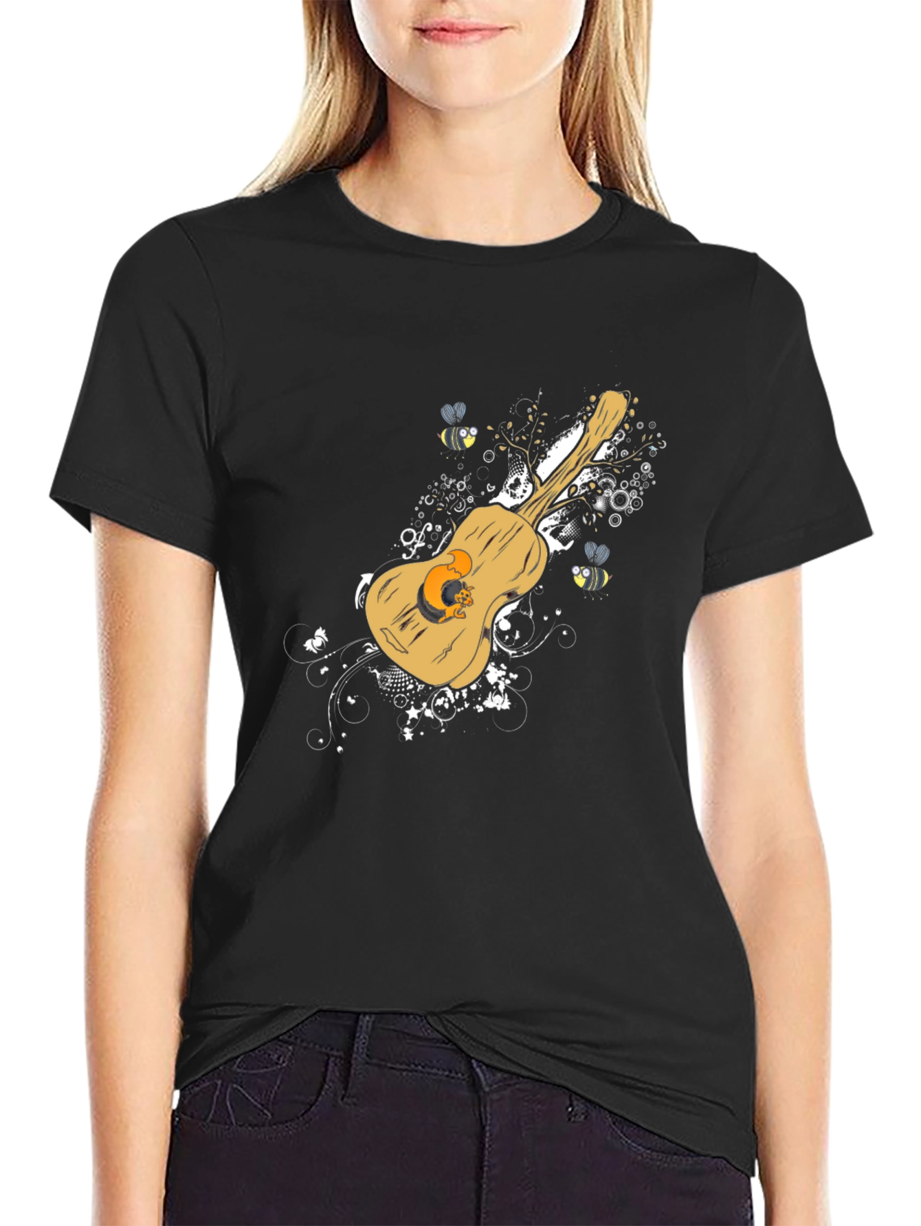 Guitar & Bees Graphic Tee - Stylish Mens Black T-Shirt