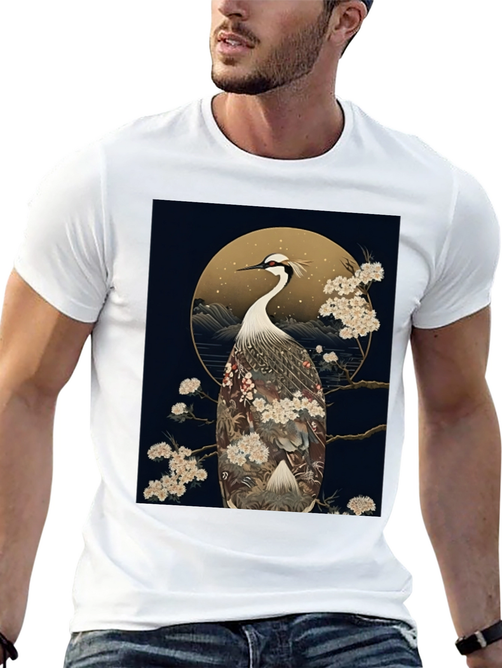 Crane Print Black Tee