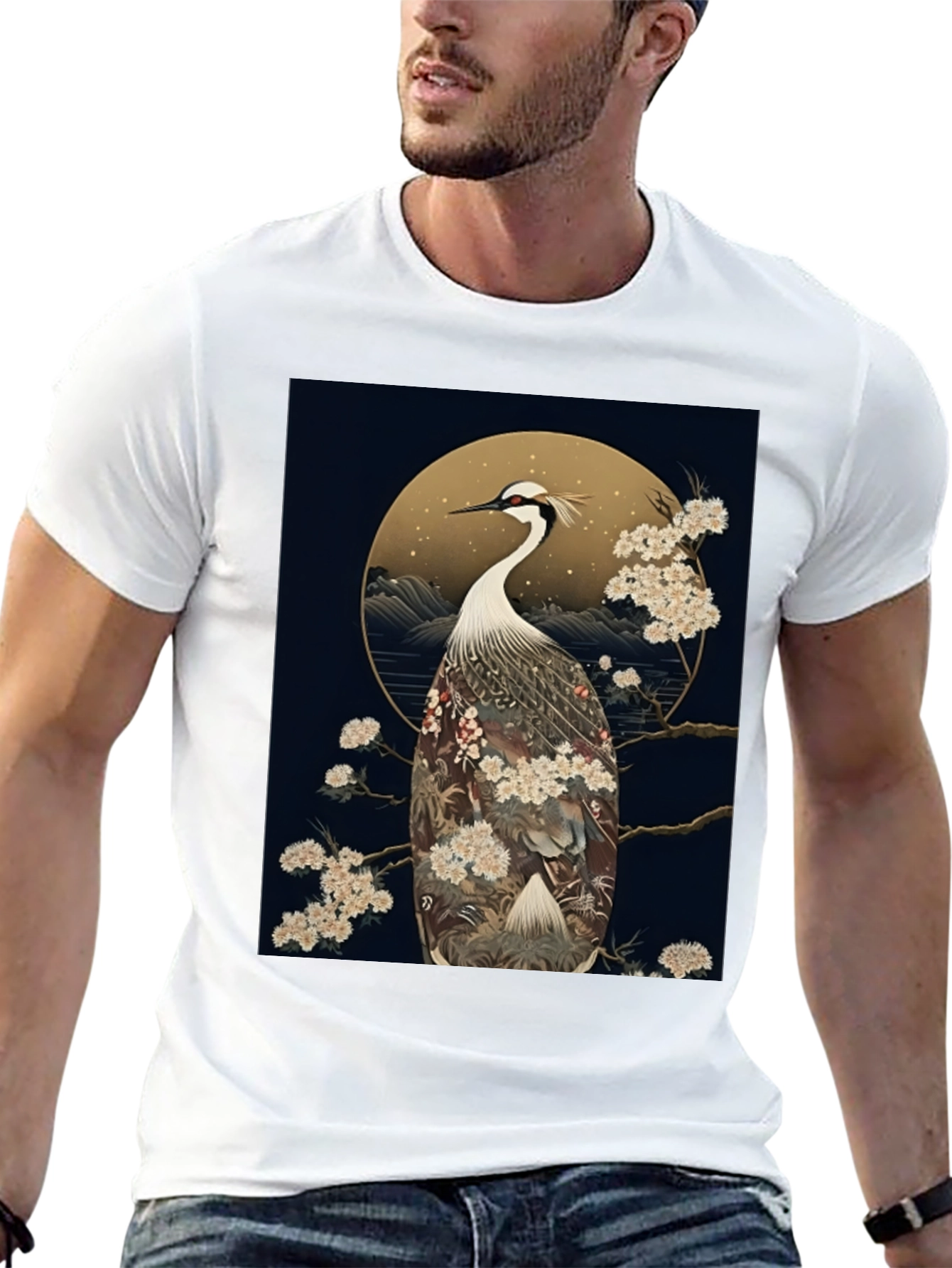 Crane Print Black Tee