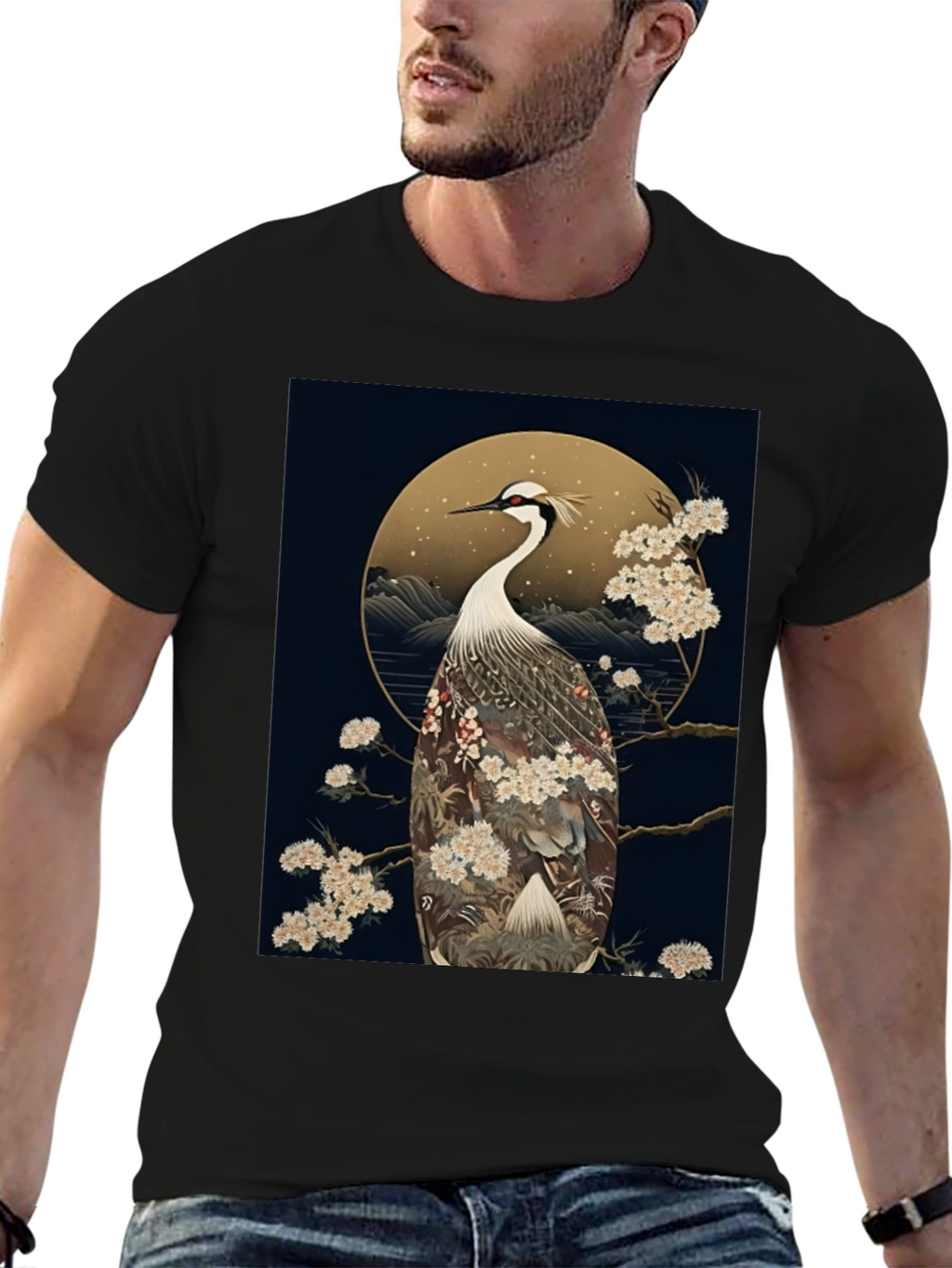 Crane Print Black Tee