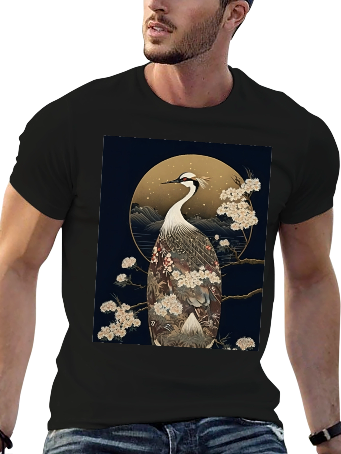 Crane Print Black Tee
