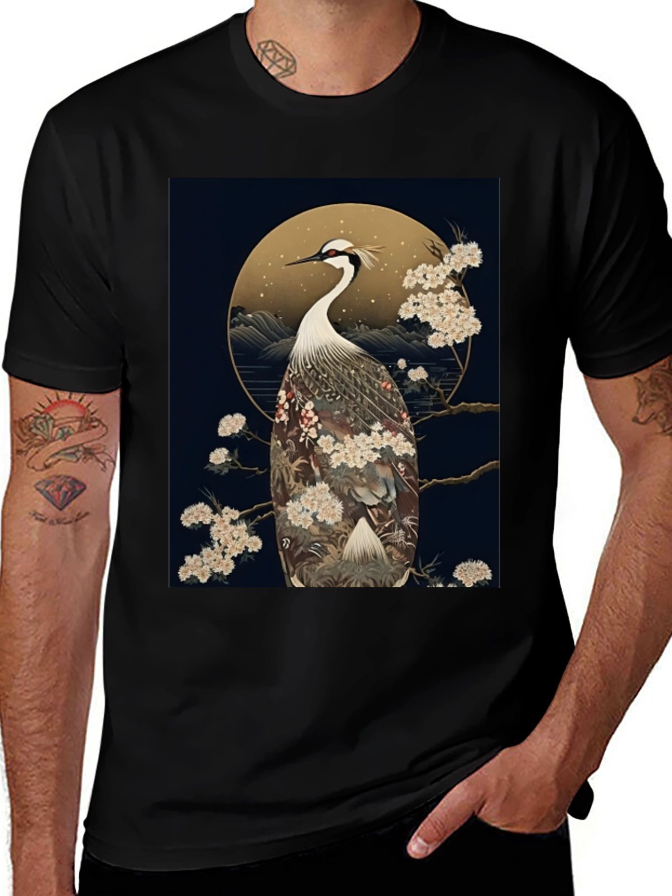 Crane Print Black Tee