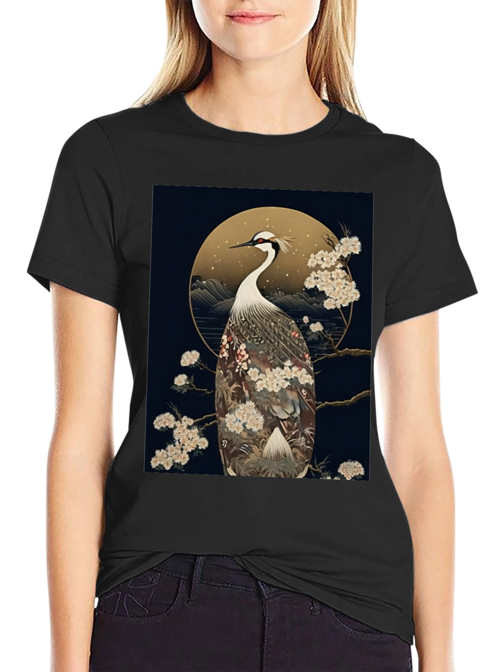 Crane Print Black Tee