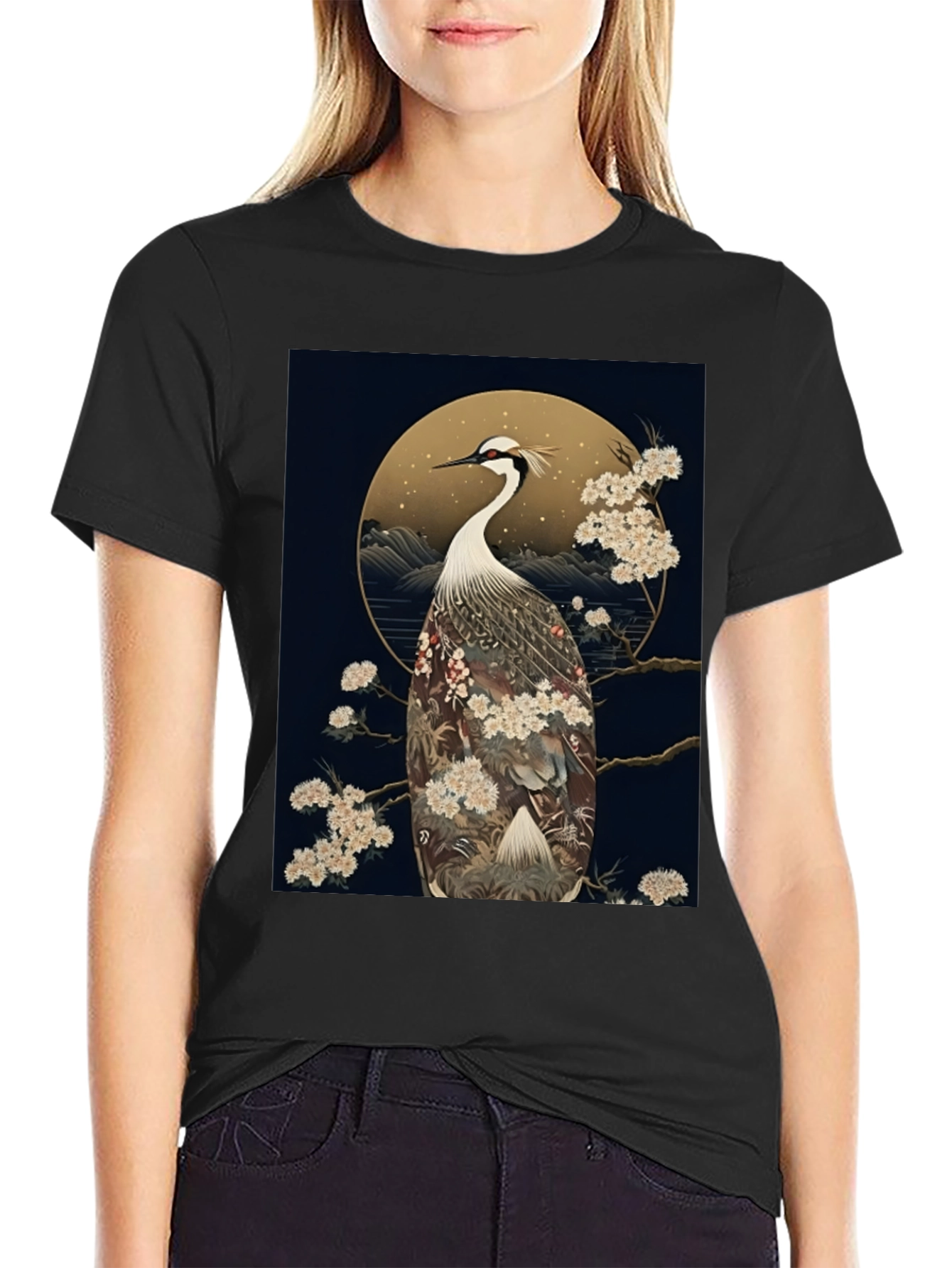 Crane Print Black Tee