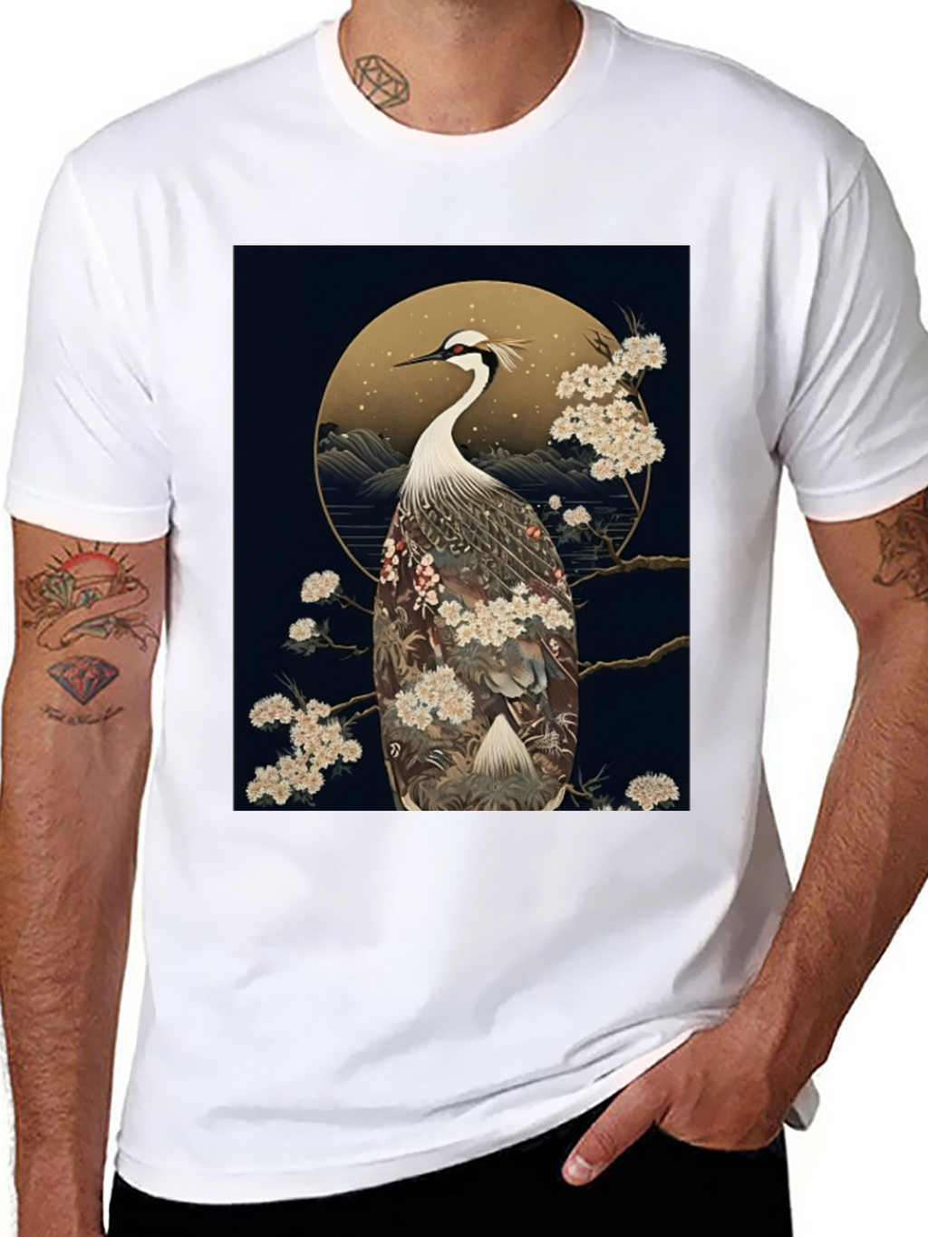 Crane Print Black Tee