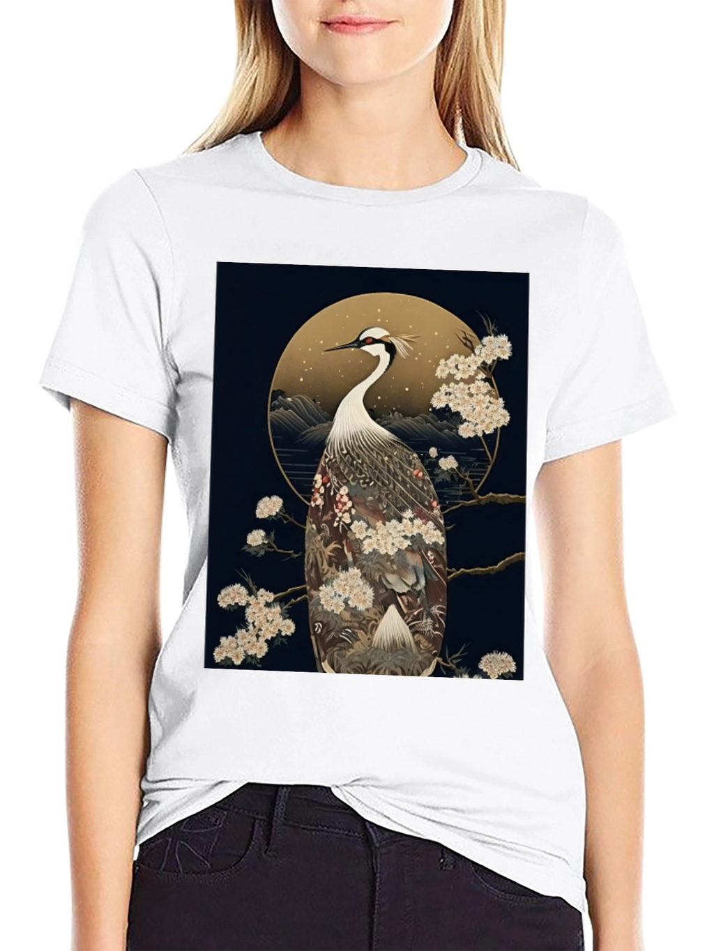 Crane Print Black Tee