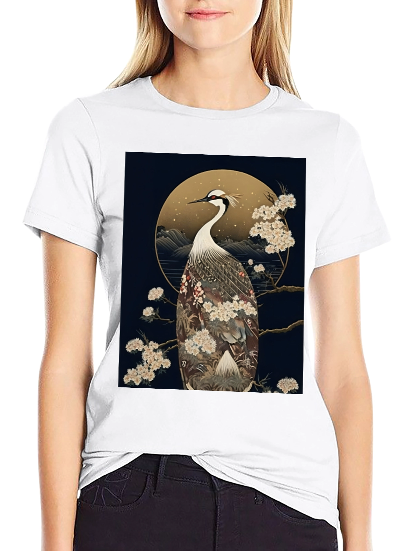 Crane Print Black Tee