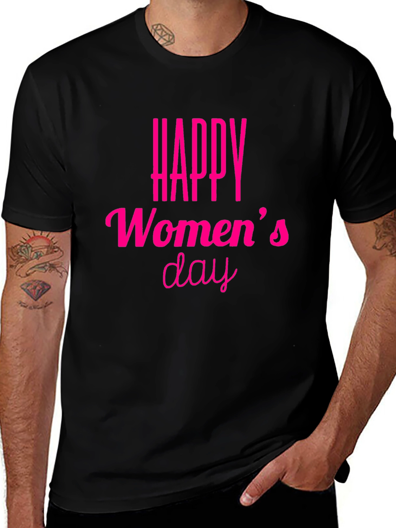 Happy Womens Day Graphic Tee - Pink Text on Black