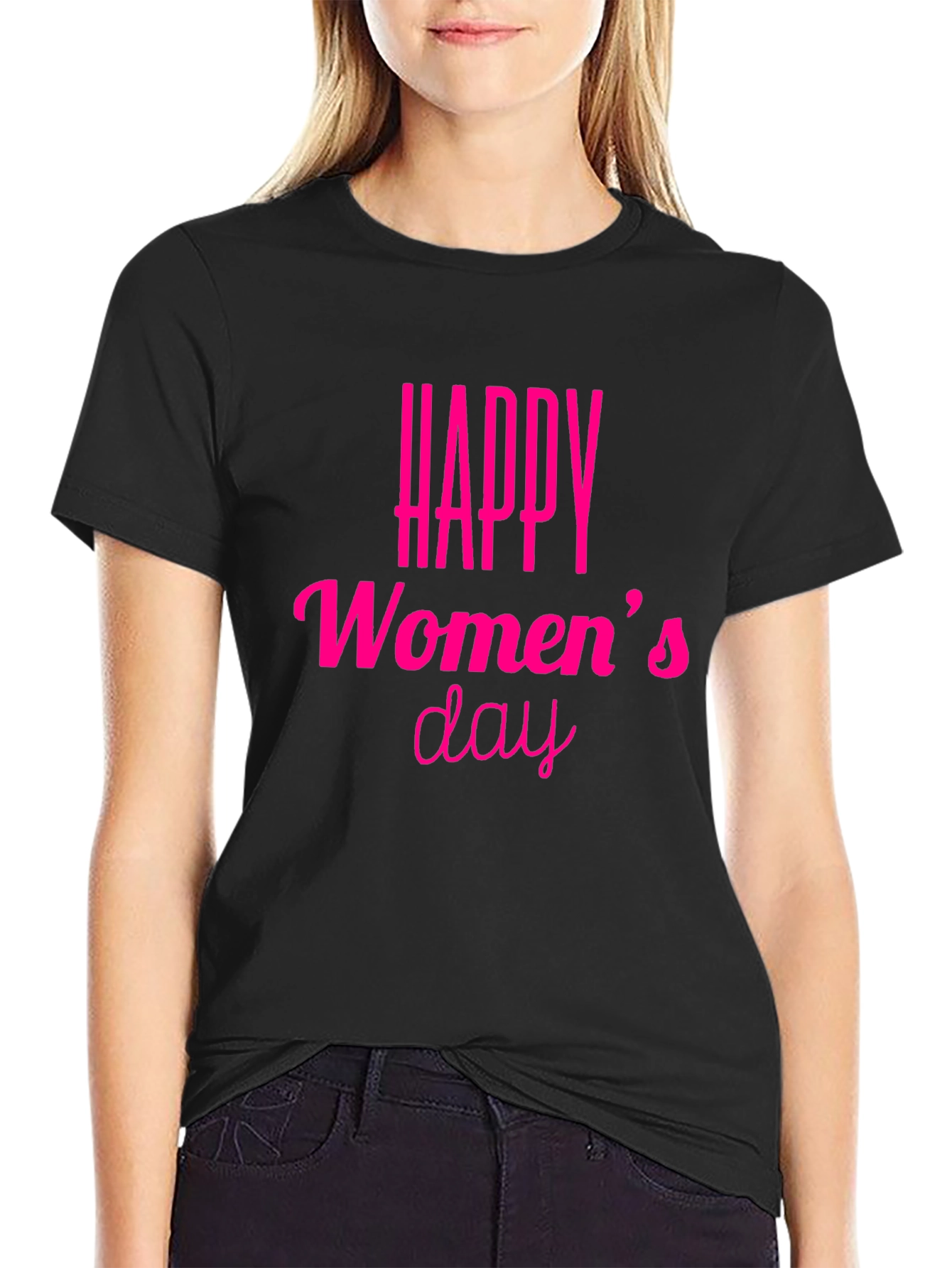 Happy Womens Day Graphic Tee - Pink Text on Black