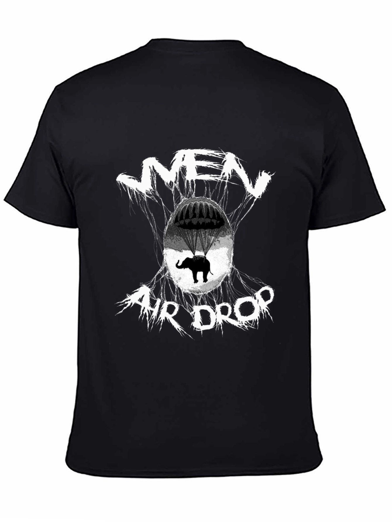 Mens Black T-Shirt - Air Drop Elephant Design