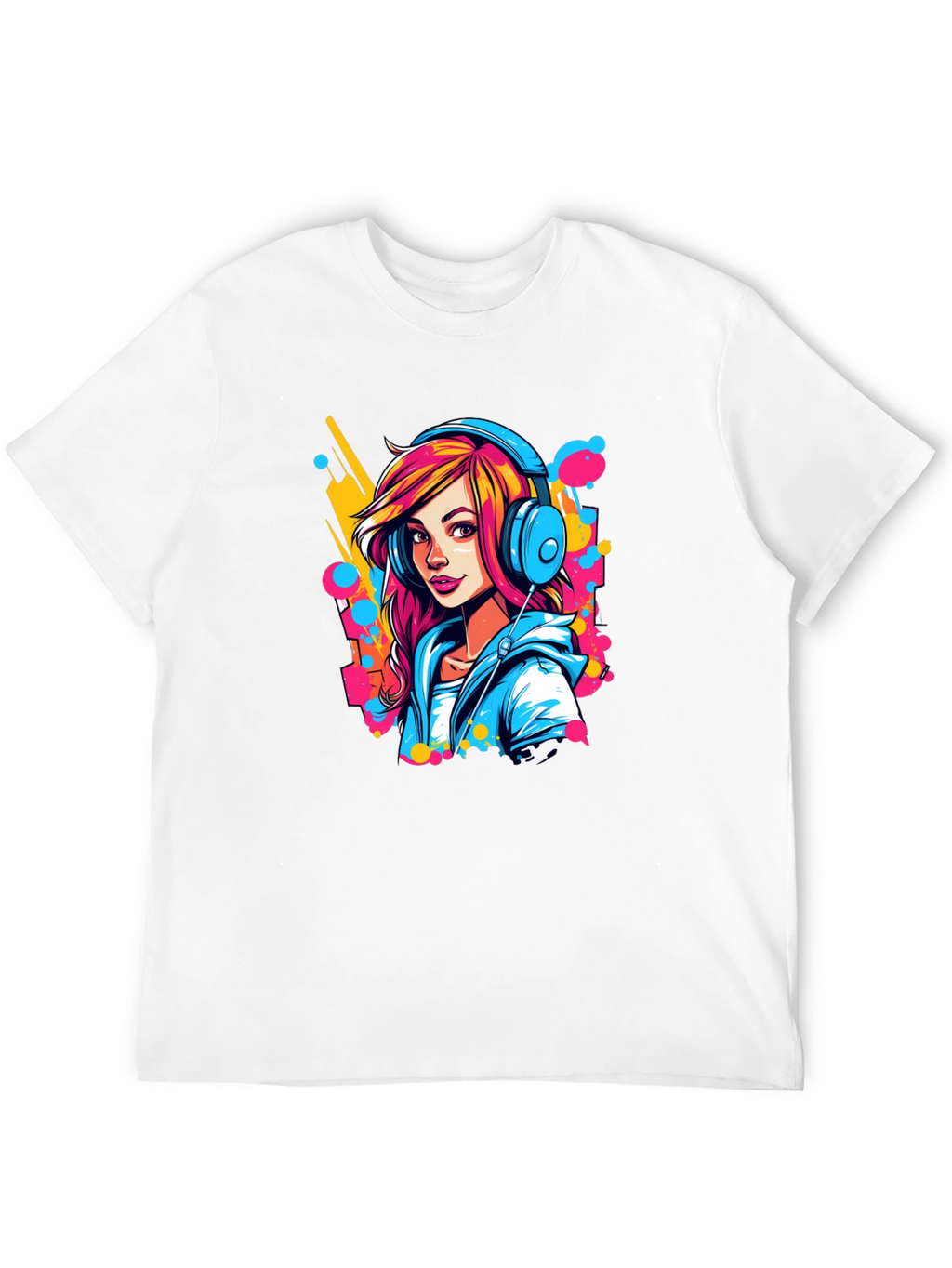 Vibrant Girl Headphones Graphic Black T-Shirt