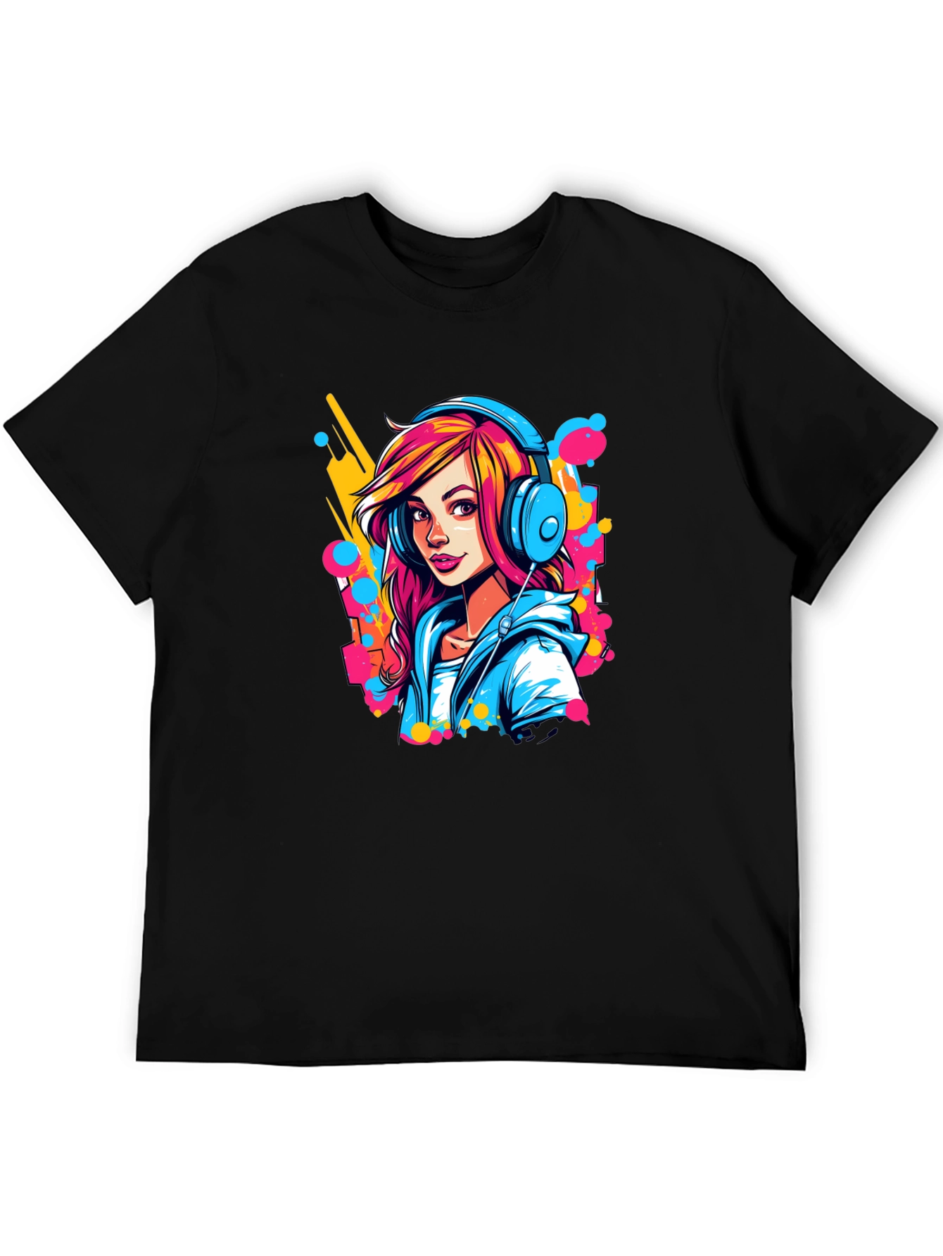 Vibrant Girl Headphones Graphic Black T-Shirt