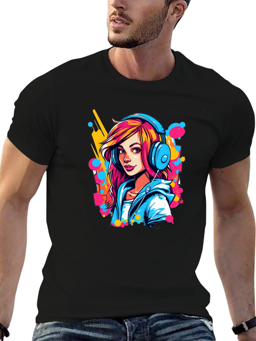 Vibrant Girl Headphones Graphic Black T-Shirt