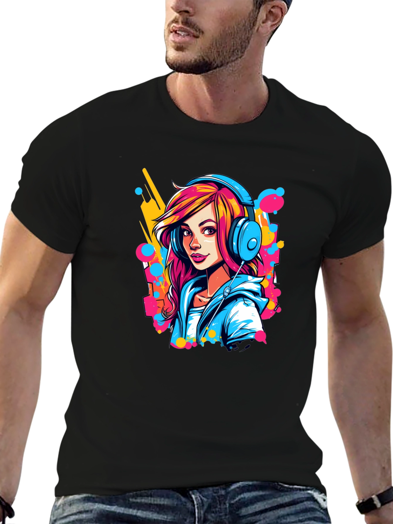 Vibrant Girl Headphones Graphic Black T-Shirt