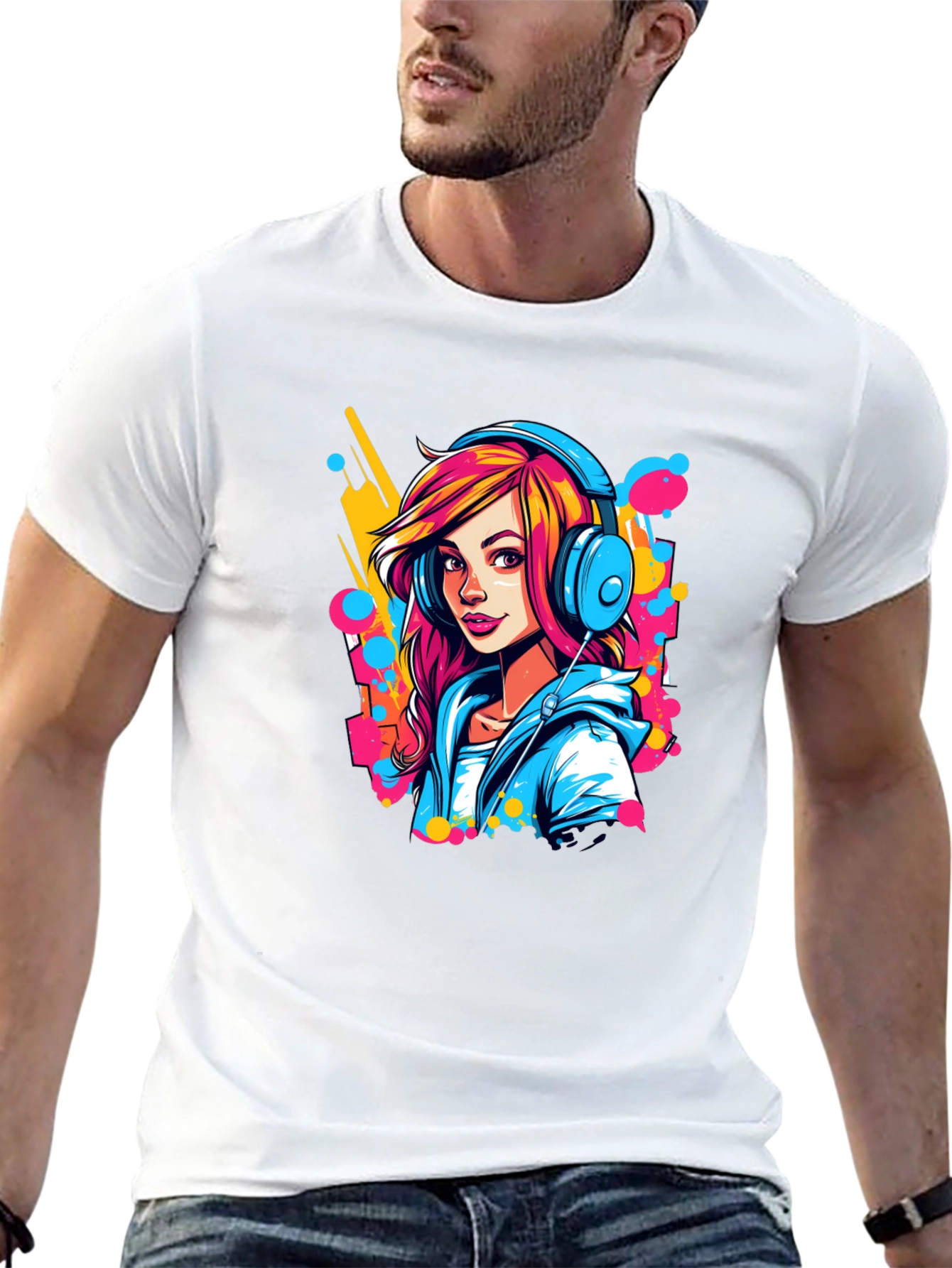 Vibrant Girl Headphones Graphic Black T-Shirt