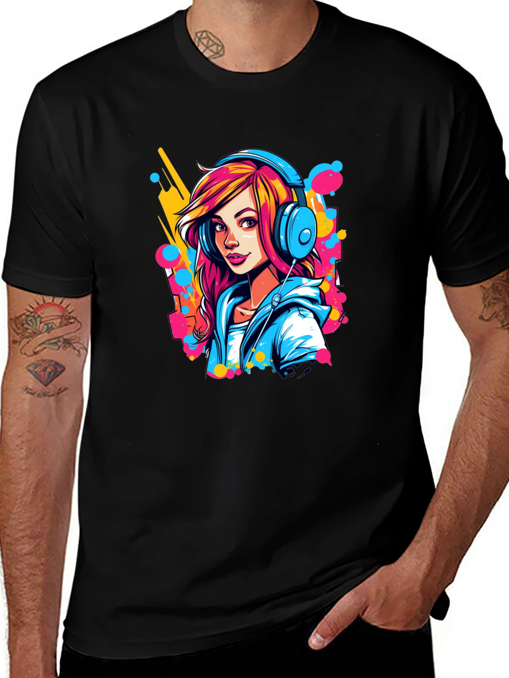 Vibrant Girl Headphones Graphic Black T-Shirt