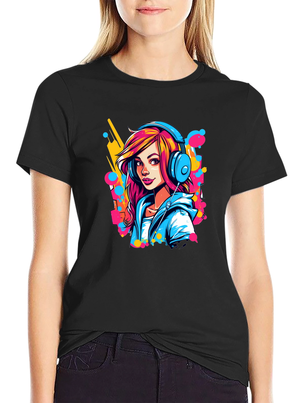 Vibrant Girl Headphones Graphic Black T-Shirt