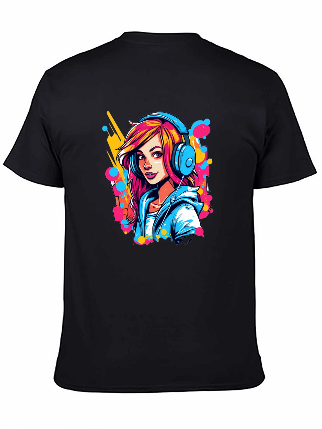 Vibrant Girl Headphones Graphic Black T-Shirt