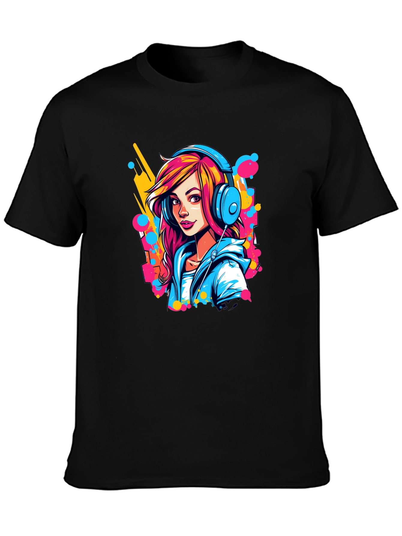 Vibrant Girl Headphones Graphic Black T-Shirt