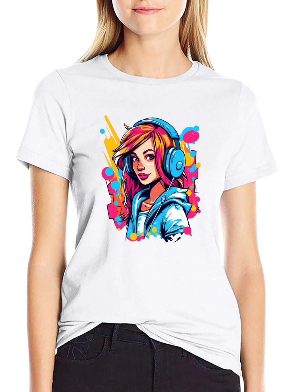 Vibrant Girl Headphones Graphic Black T-Shirt