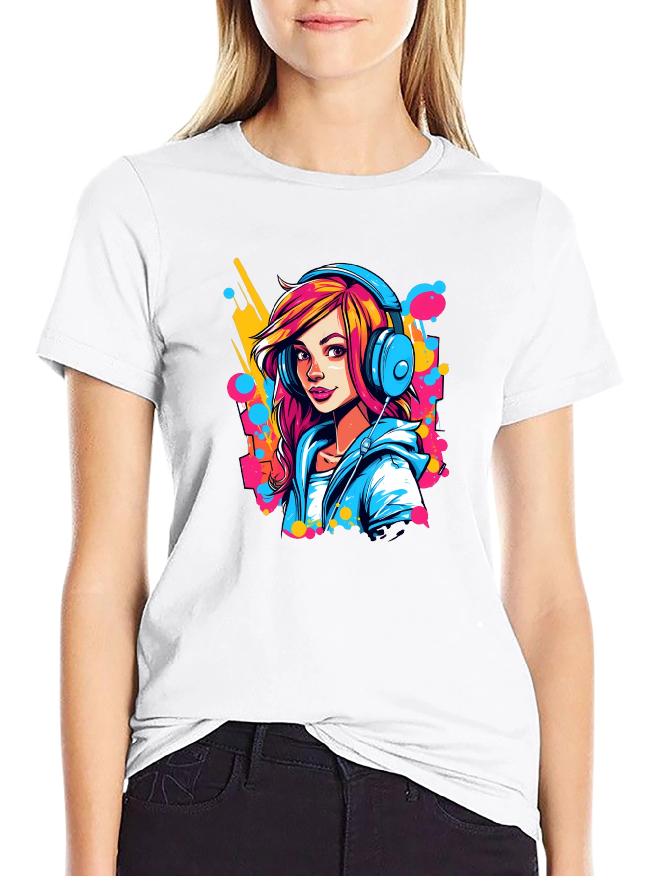 Vibrant Girl Headphones Graphic Black T-Shirt