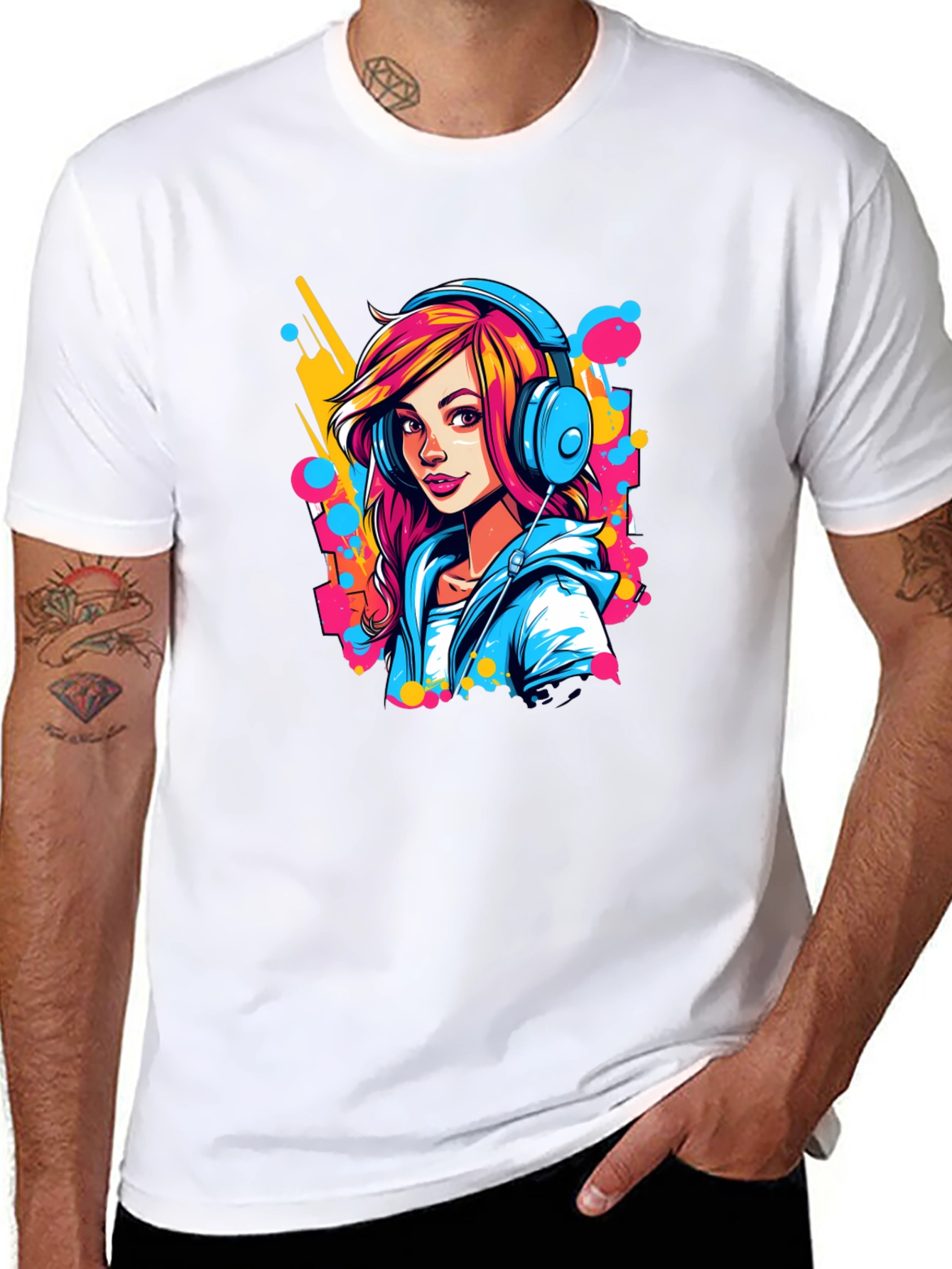 Vibrant Girl Headphones Graphic Black T-Shirt