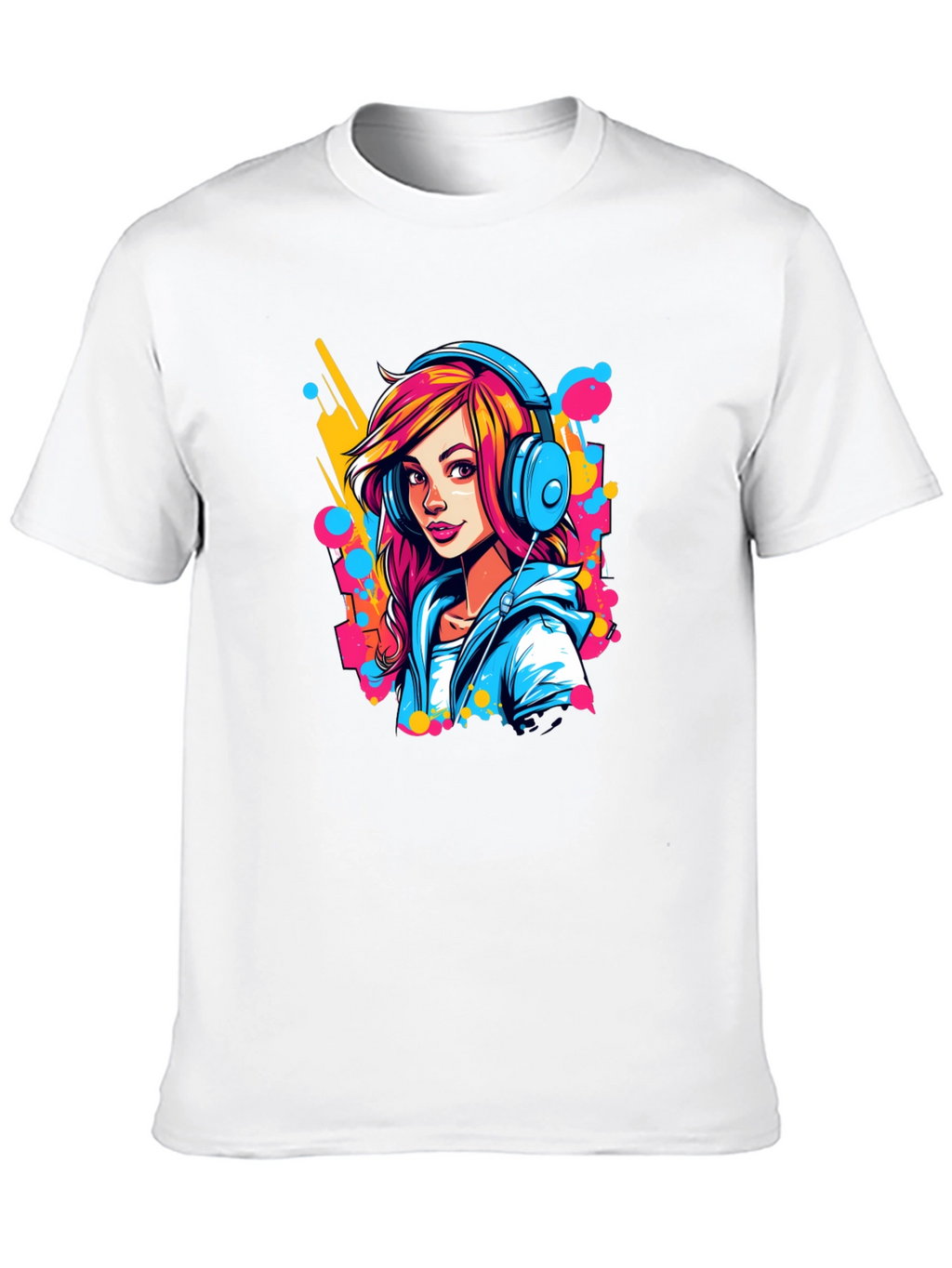 Vibrant Girl Headphones Graphic Black T-Shirt